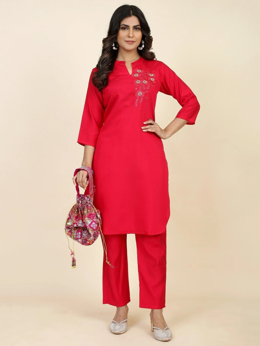 Captivating Red Embroidered Silk Occasion Wear Kurta With Pant