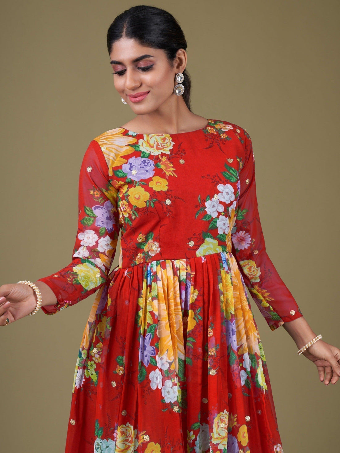 Captivating Red Floral Printed Georgette Gown With Dupatta