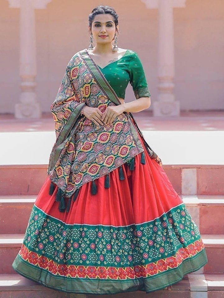Captivating Red Green Foil Print Silk Festive Lehenga Choli