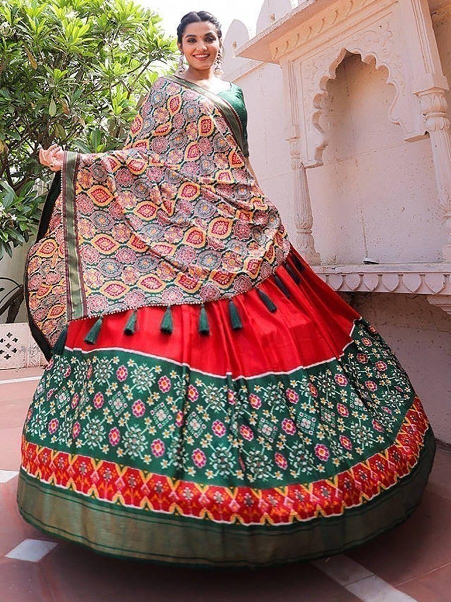 Captivating Red Green Foil Print Silk Festive Lehenga Choli