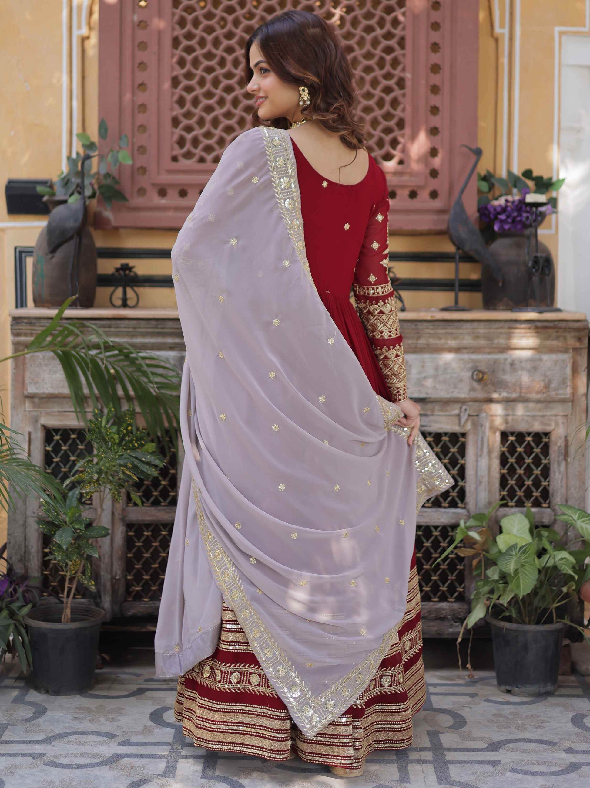 Captivating Red Zari Embroidered Georgette Festival Wear Gown - Zeel Clothing