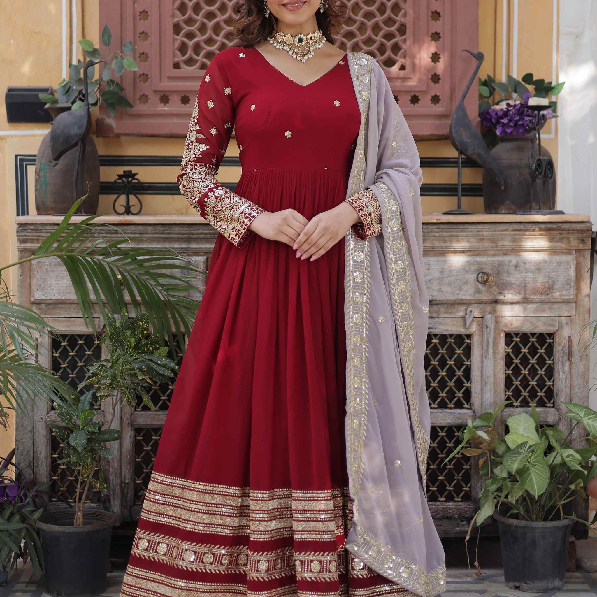Captivating Red Zari Embroidered Georgette Festival Wear Gown - Zeel Clothing