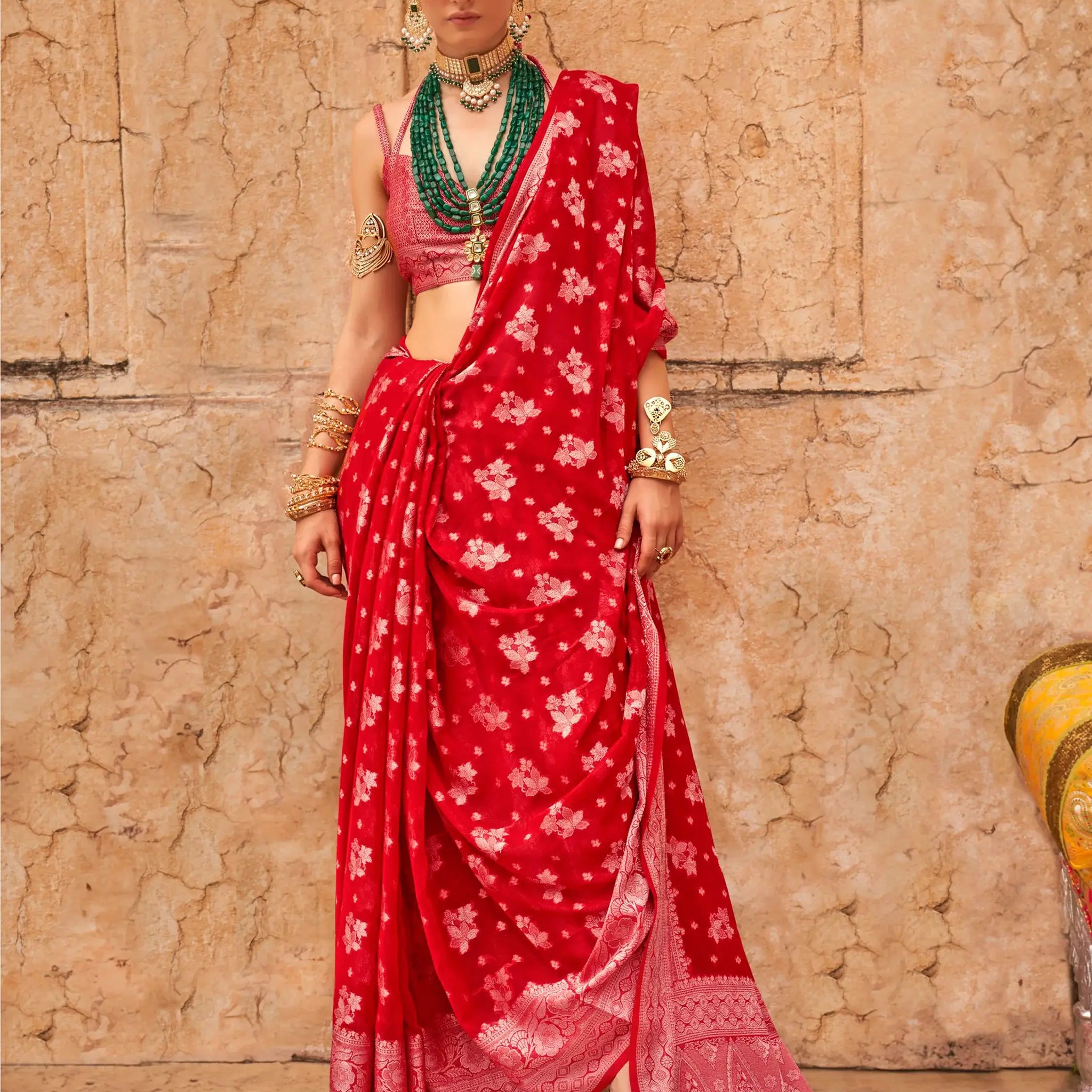 Captivating Red Zari Weaving Georgette Wedding Saree With Blouse - Zeel Clothing