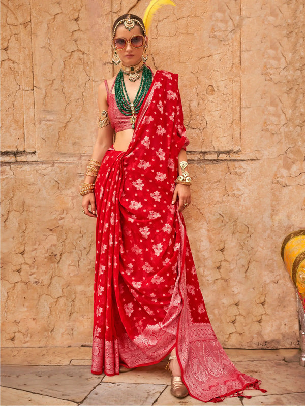 Captivating Red Zari Weaving Georgette Wedding Saree With Blouse - Zeel Clothing