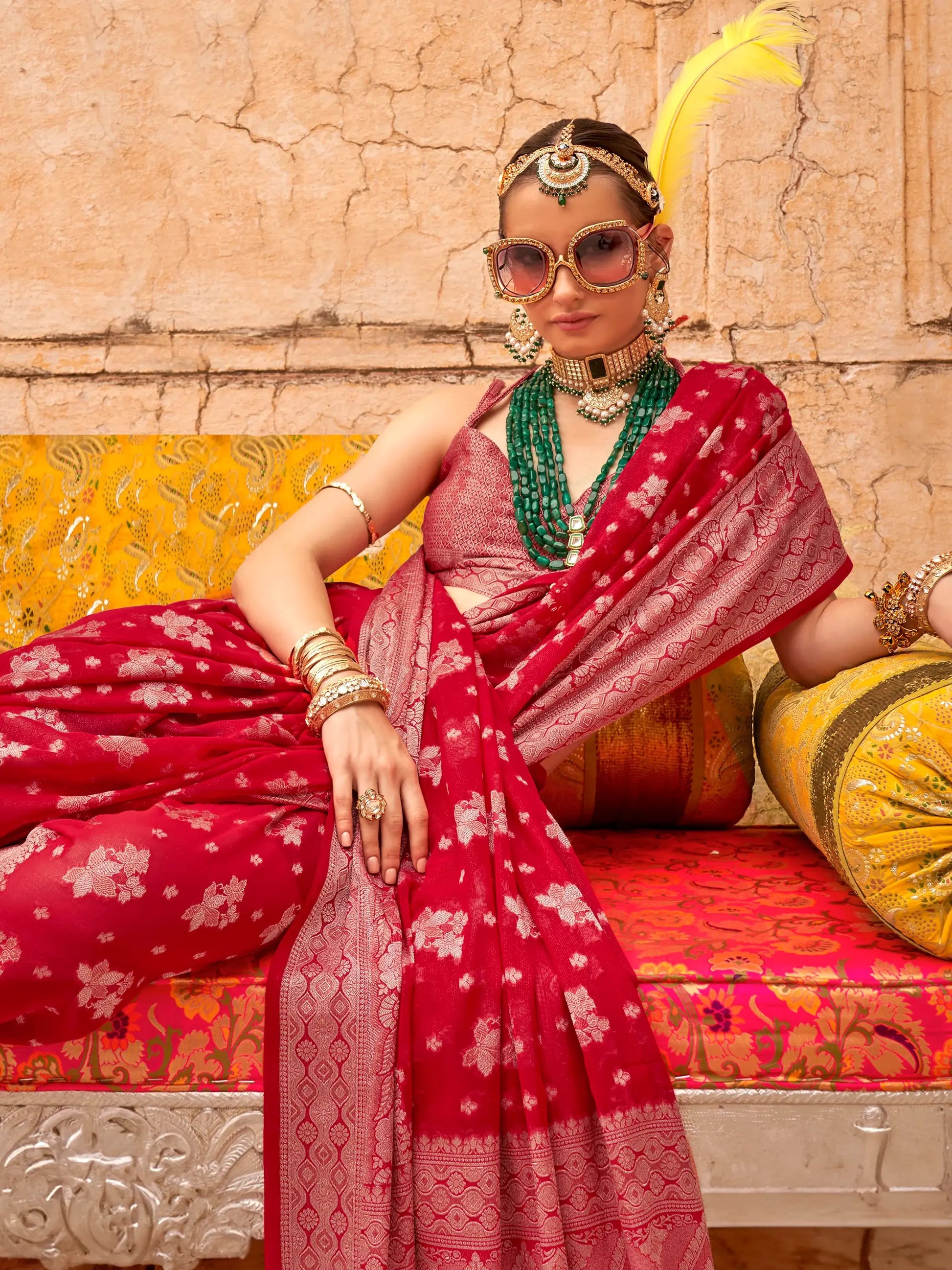 Captivating Red Zari Weaving Georgette Wedding Saree With Blouse - Zeel Clothing