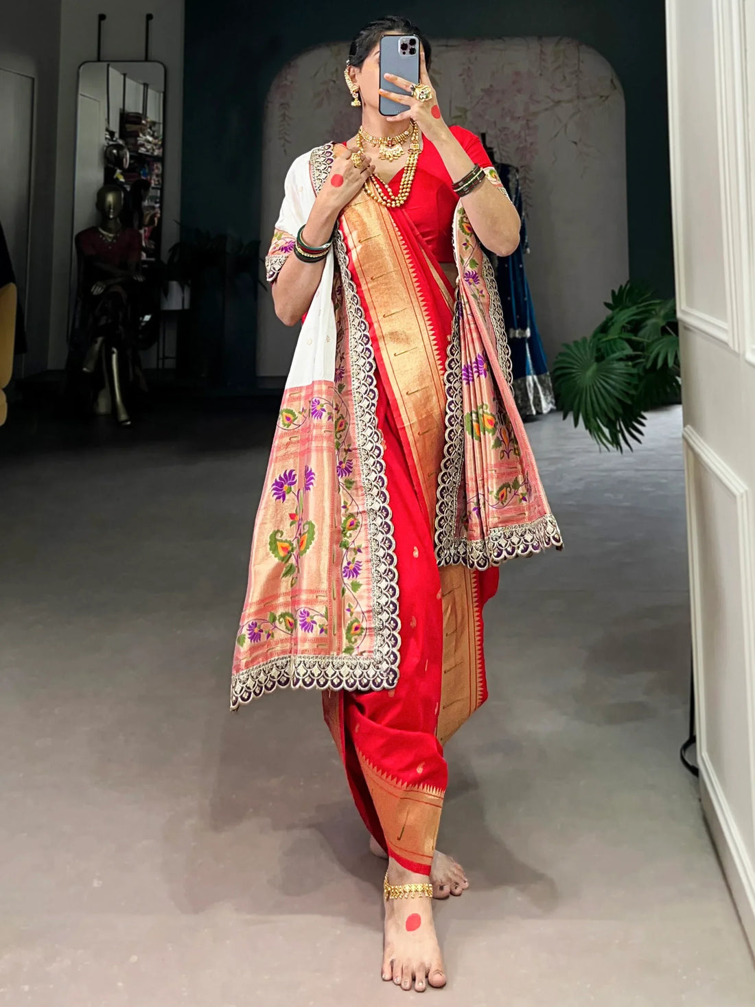 Captivating Red Zari Weaving Jacquard Nauvari Bridal Paithani Saree With Dupatta - Zeel Clothing