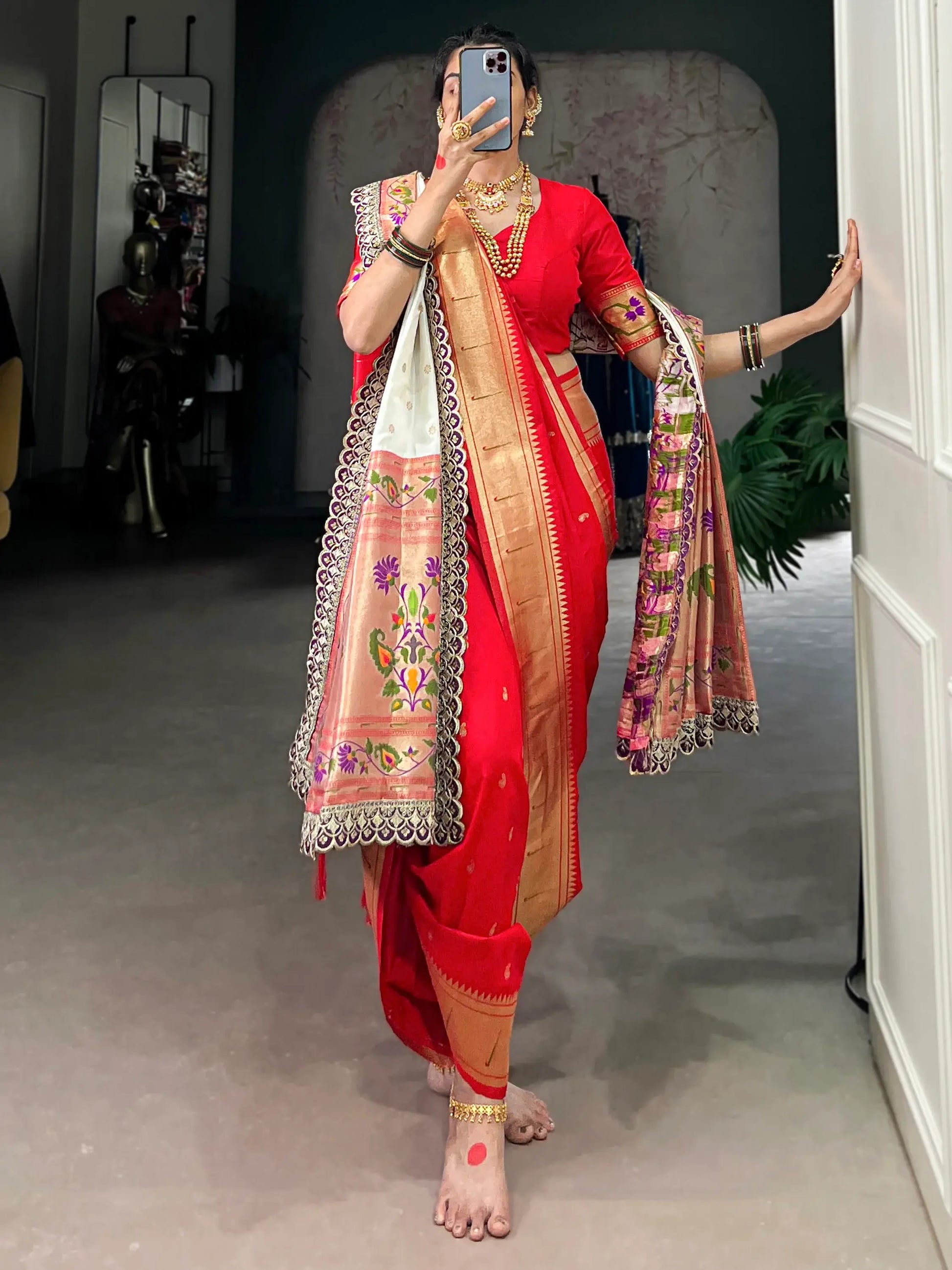 Captivating Red Zari Weaving Jacquard Nauvari Bridal Paithani Saree With Dupatta - Zeel Clothing