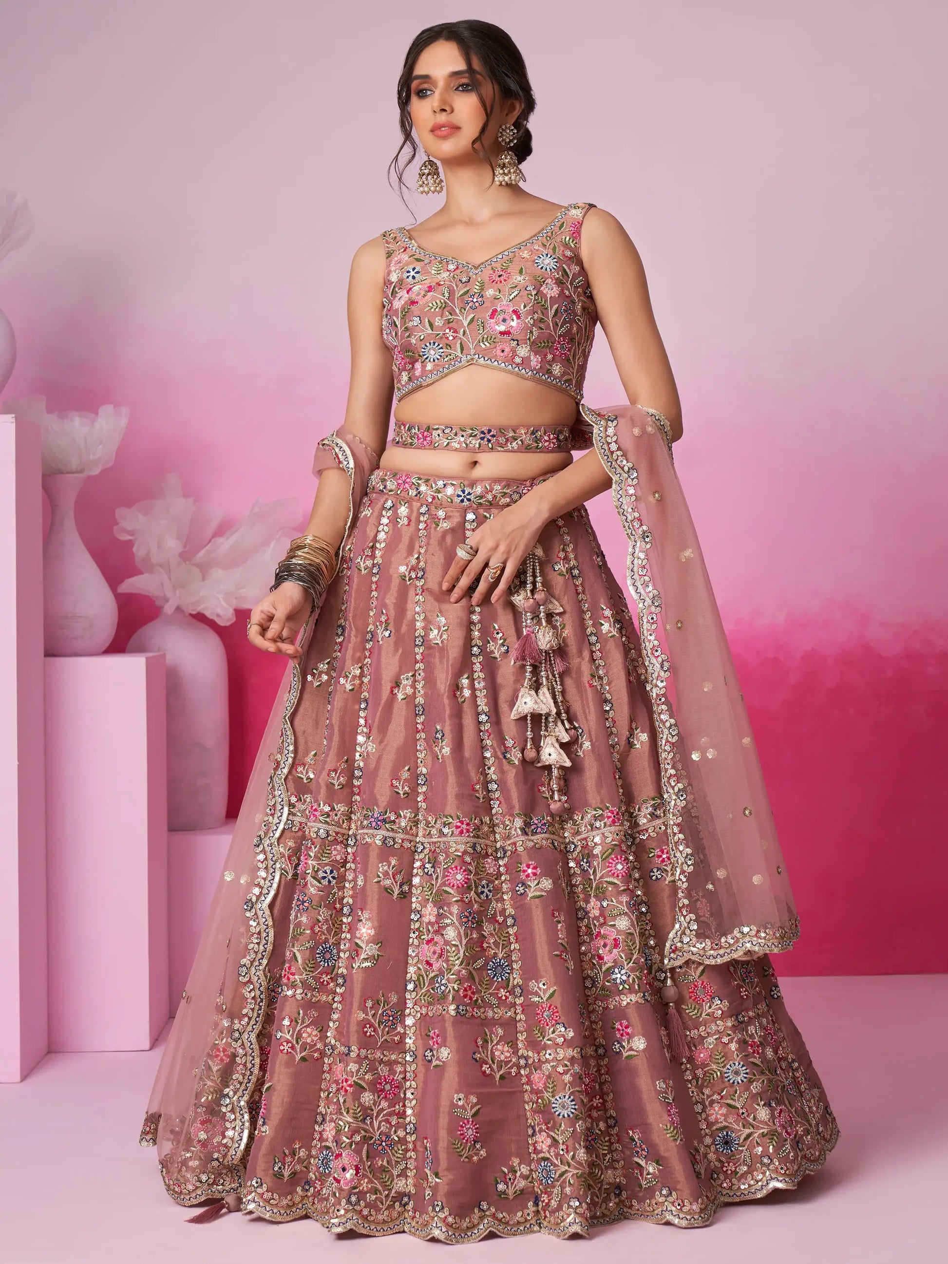 Captivating Rose Gold Sequins Silk Engagement Wear Lehenga Choli - Zeel Clothing
