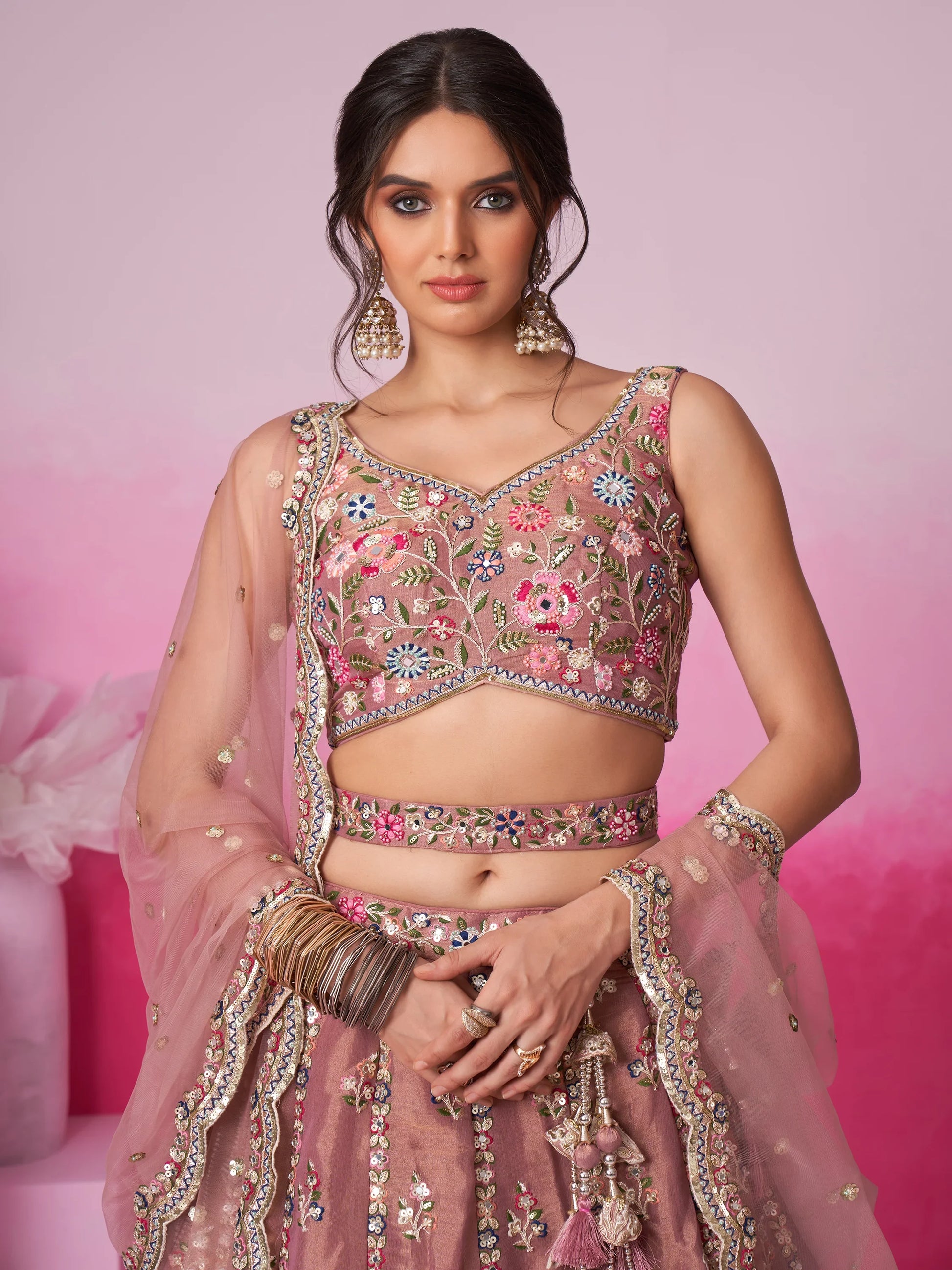 Captivating Rose Gold Sequins Silk Engagement Wear Lehenga Choli - Zeel Clothing