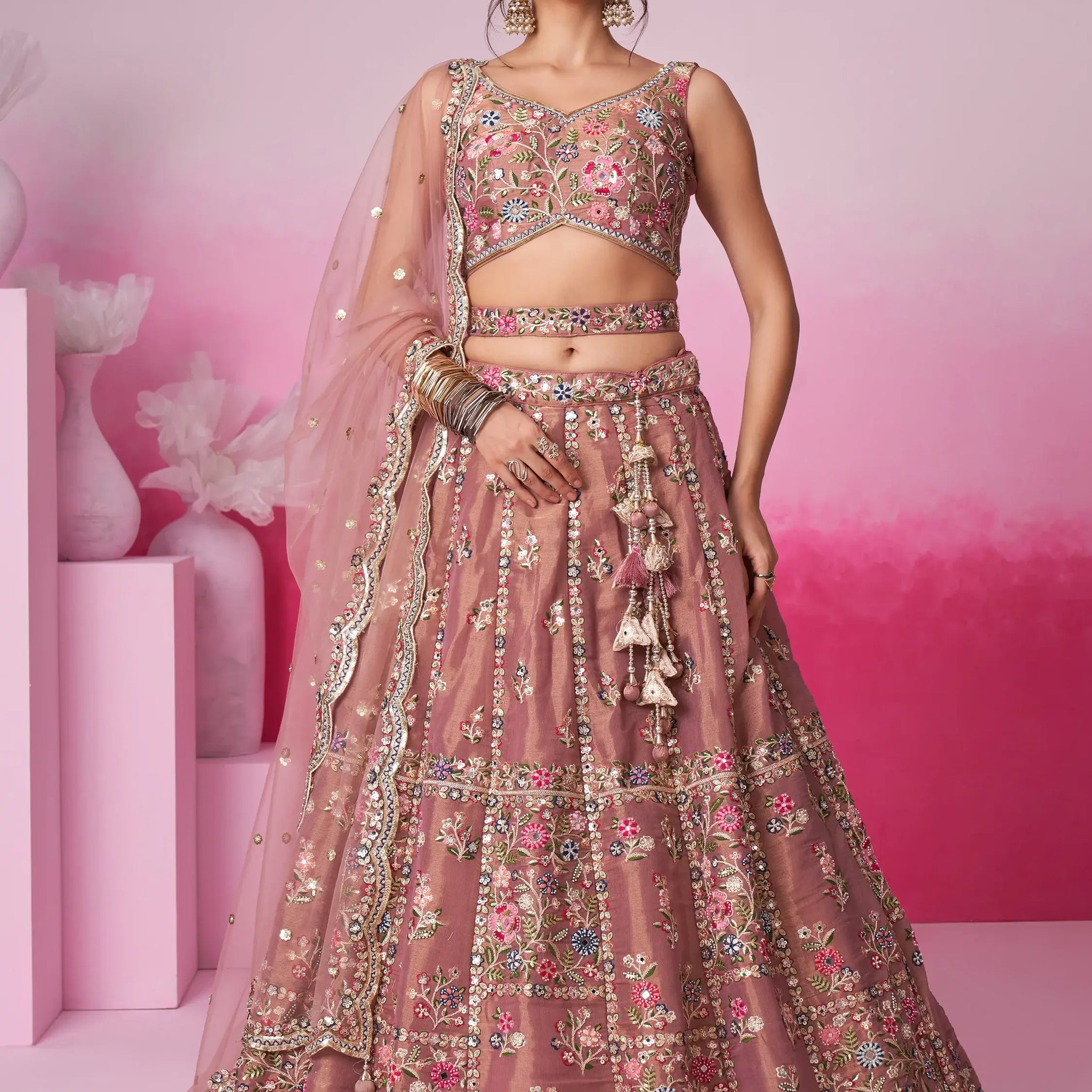 Captivating Rose Gold Sequins Silk Engagement Wear Lehenga Choli - Zeel Clothing
