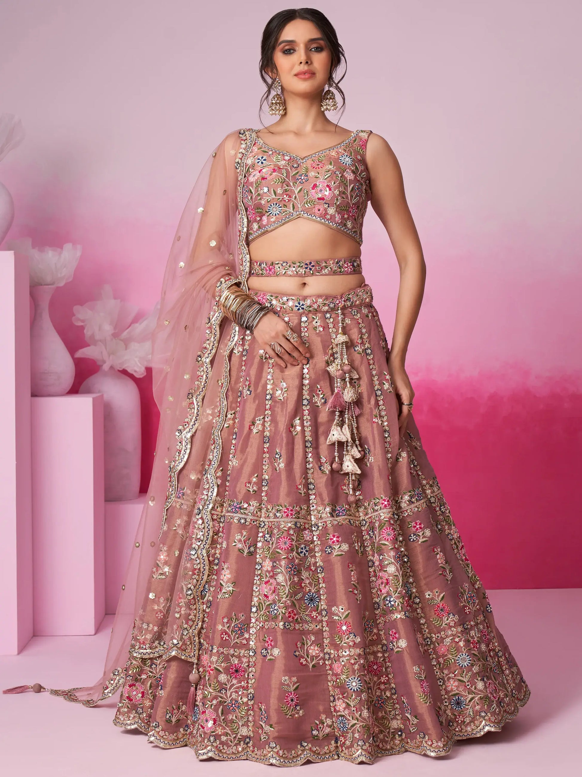 Captivating Rose Gold Sequins Silk Engagement Wear Lehenga Choli - Zeel Clothing