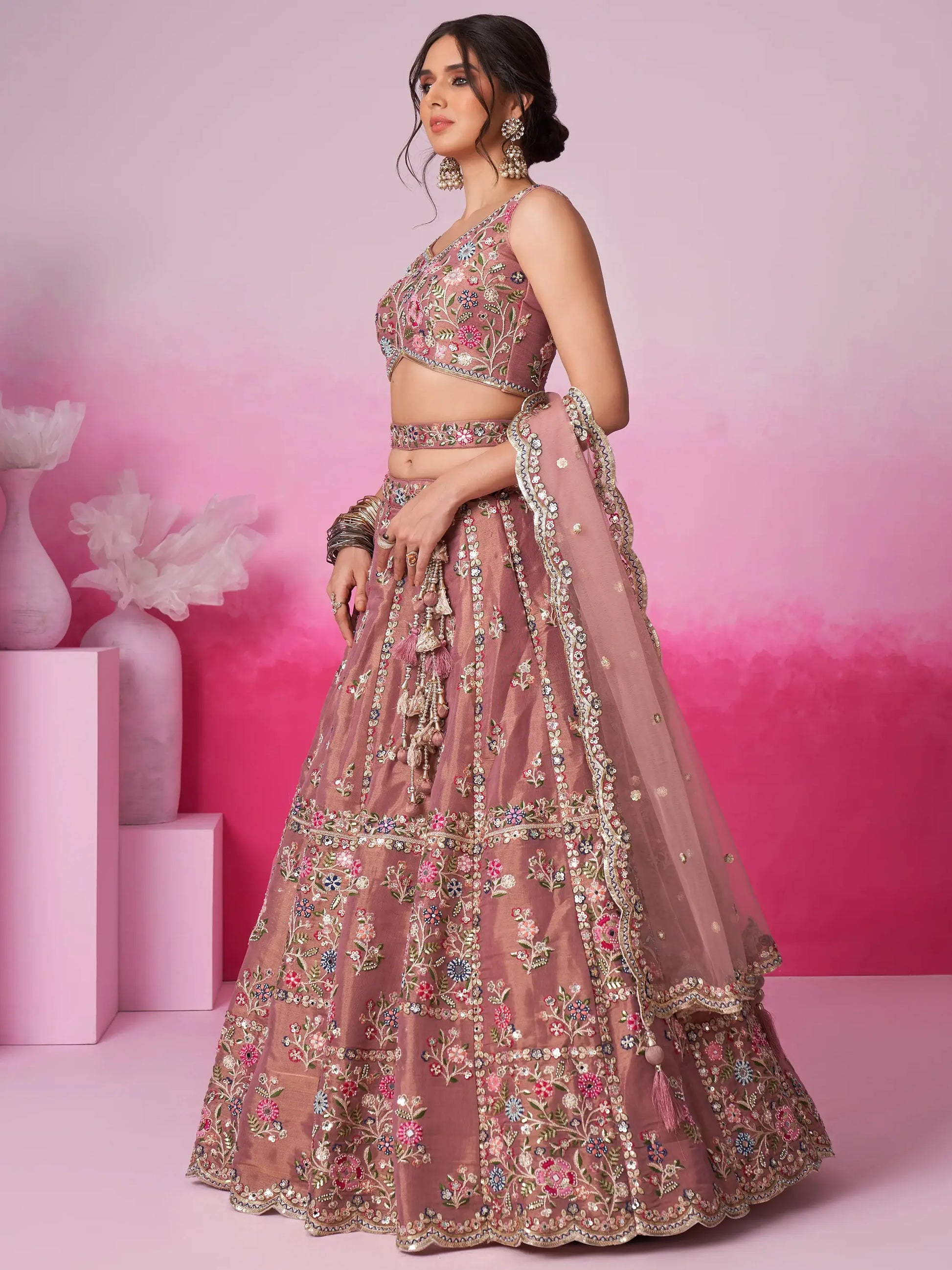 Captivating Rose Gold Sequins Silk Engagement Wear Lehenga Choli - Zeel Clothing