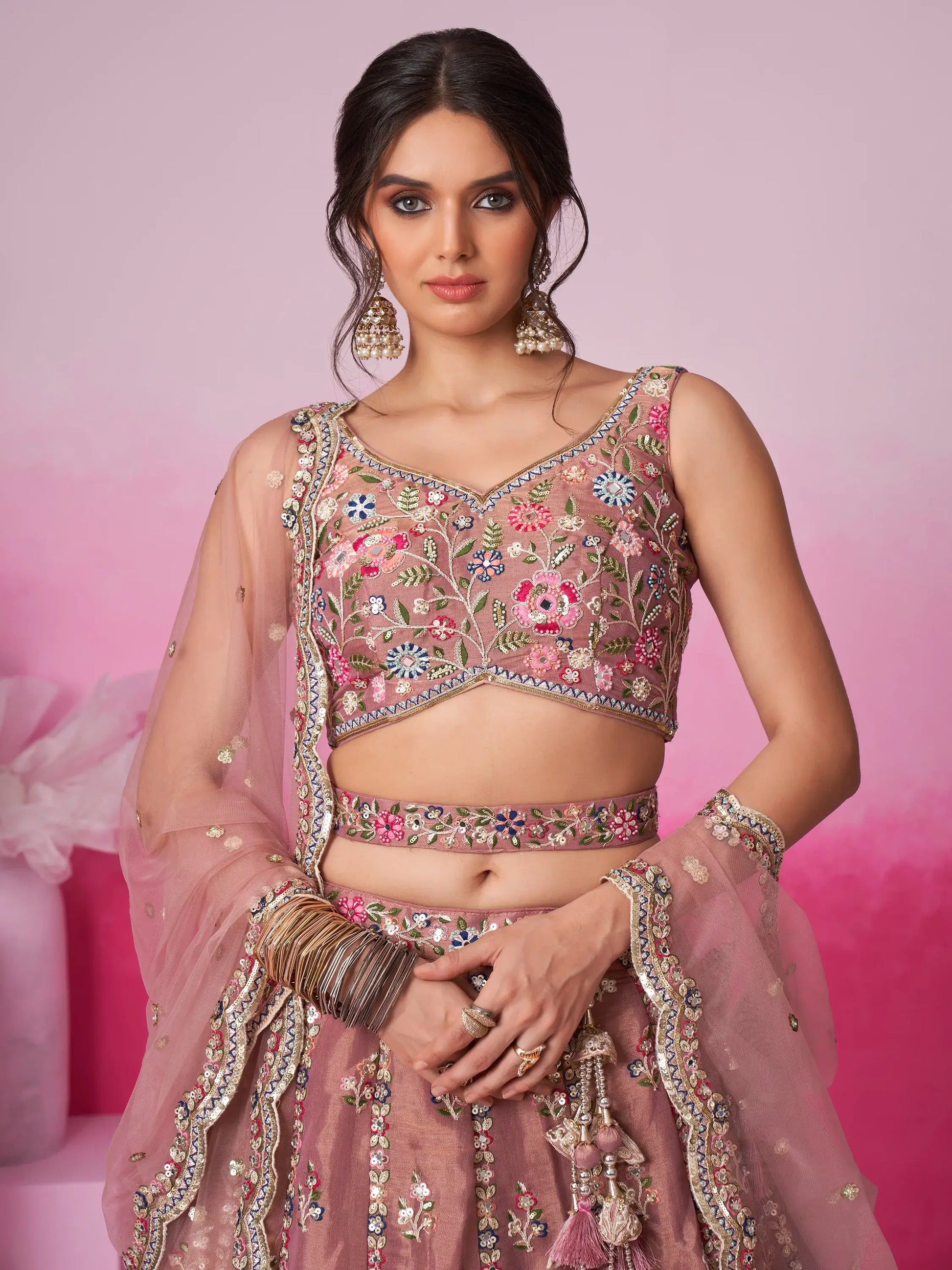 Captivating Rose Gold Sequins Silk Engagement Wear Lehenga Choli - Zeel Clothing