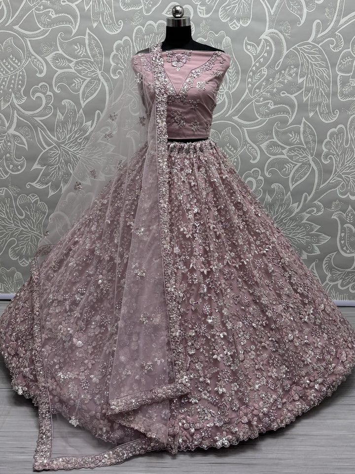 Captivating Rose Pink Bead Work Net Wedding Wear Lehenga Choli With Dupatta - Zeel Clothing