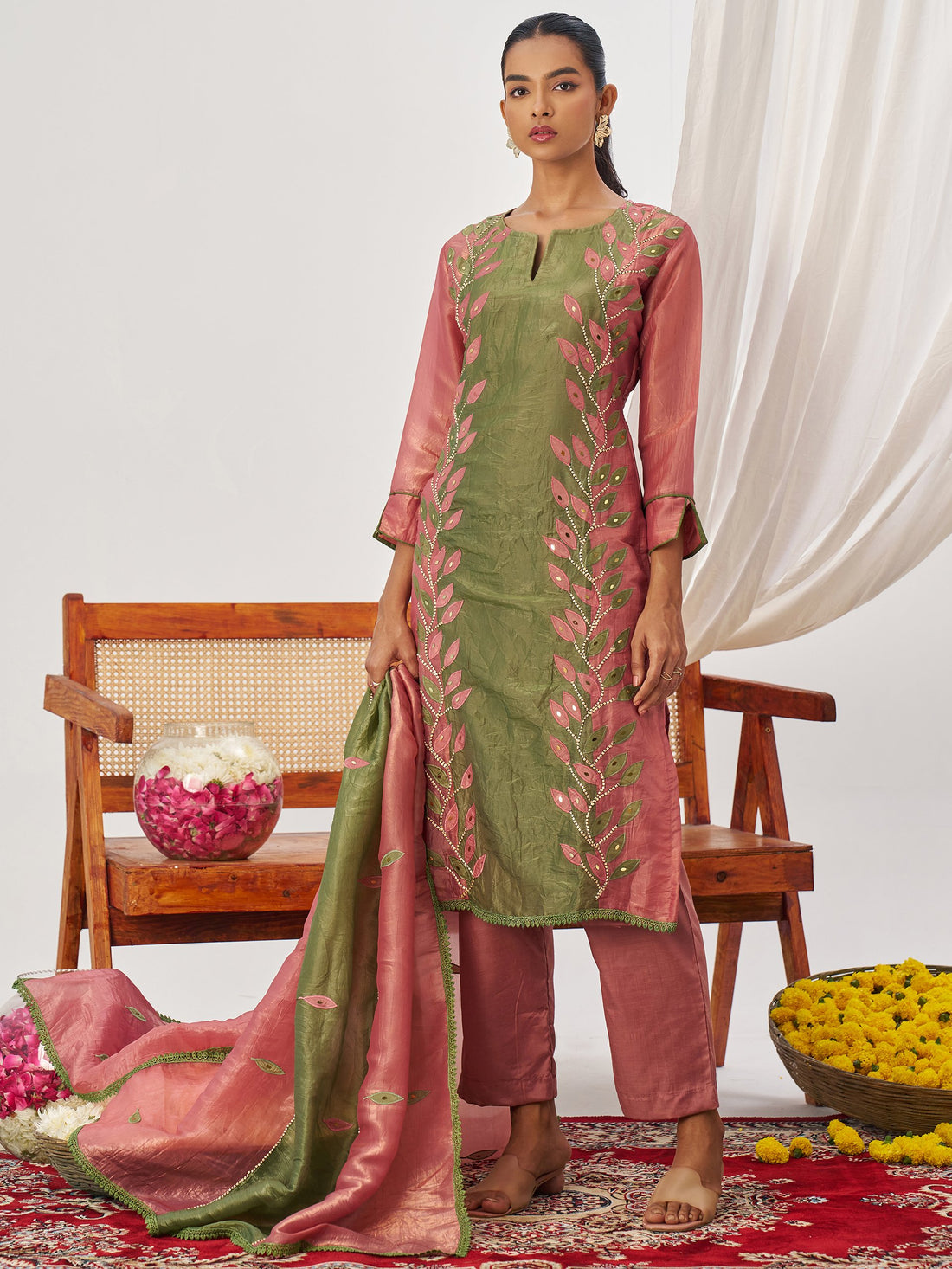 Captivating Rose Pink Thread Work Organza Festive Wear Pant Suit With Dupatta
