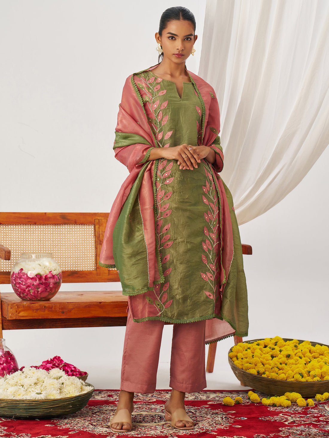 Captivating Rose Pink Thread Work Organza Festive Wear Pant Suit With Dupatta