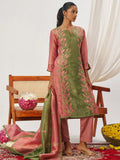 Captivating Rose Pink Thread Work Organza Festive Wear Pant Suit With Dupatta