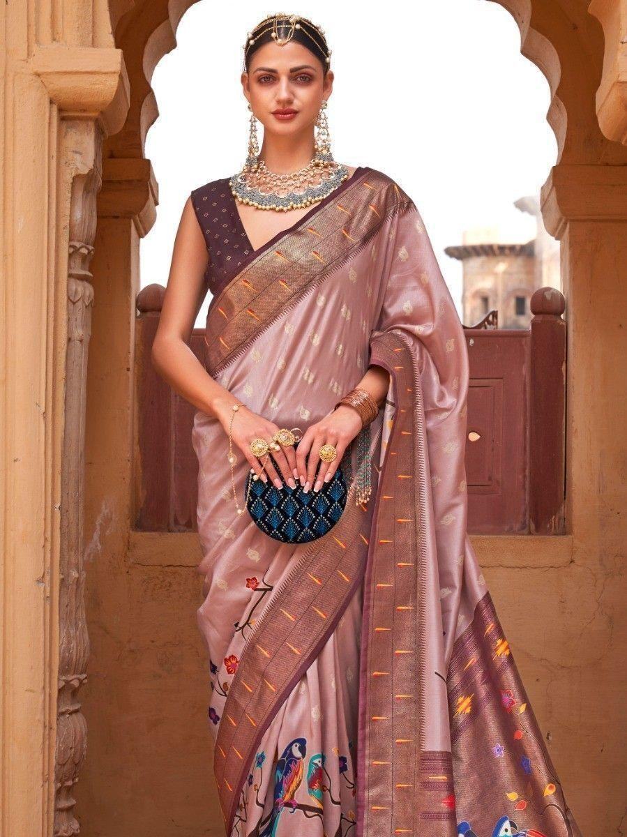 Captivating Russet Brown Paithani Printed Carnival Wear Silk Saree - Zeel Clothing