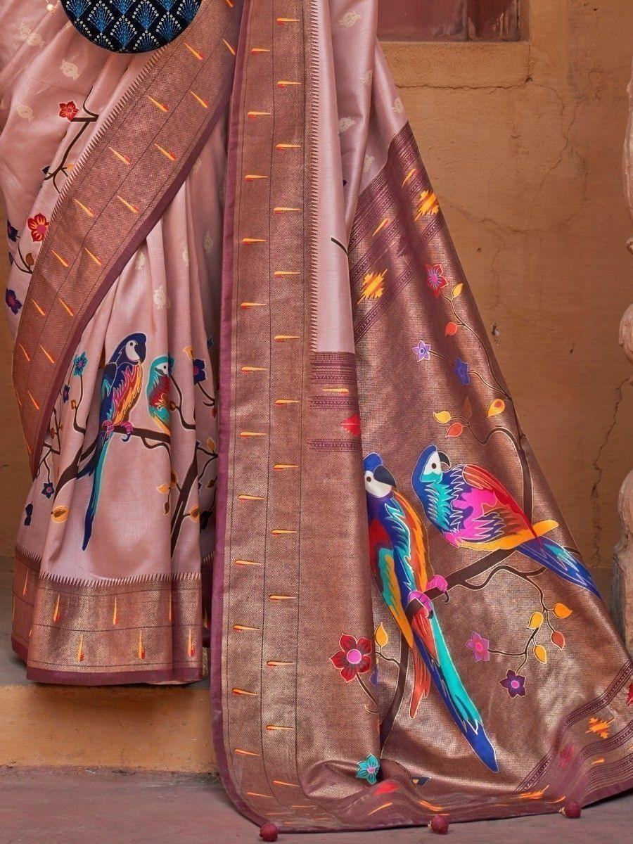 Captivating Russet Brown Paithani Printed Carnival Wear Silk Saree - Zeel Clothing