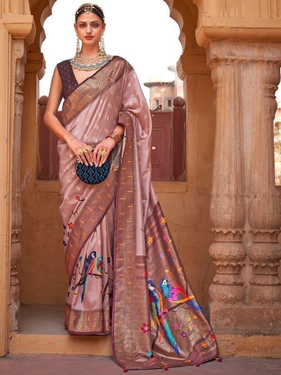 Captivating Russet Brown Paithani Printed Carnival Wear Silk Saree - Zeel Clothing