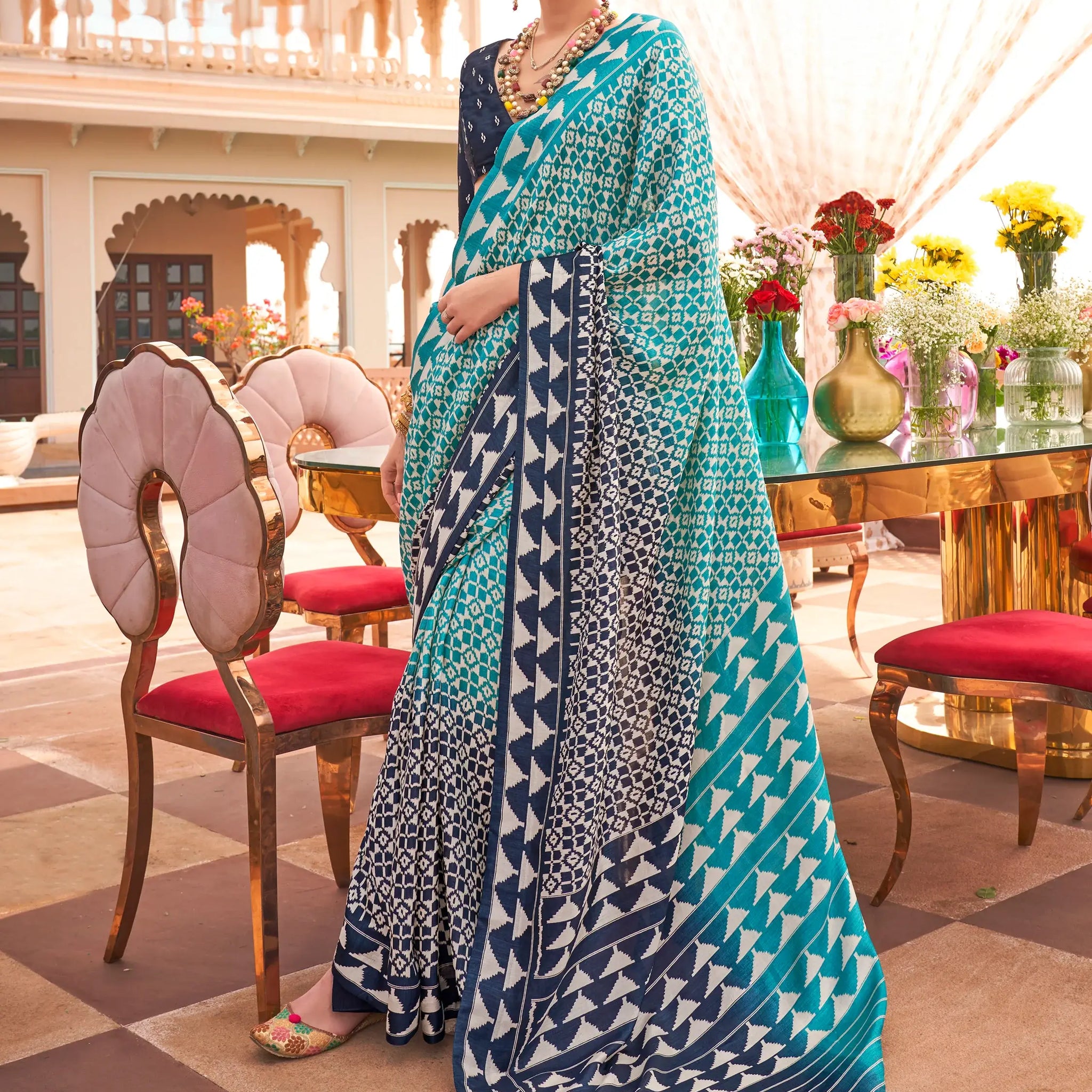 Captivating Sky-Blue Digital Printed Silk Traditional Saree With Blouse - Zeel Clothing