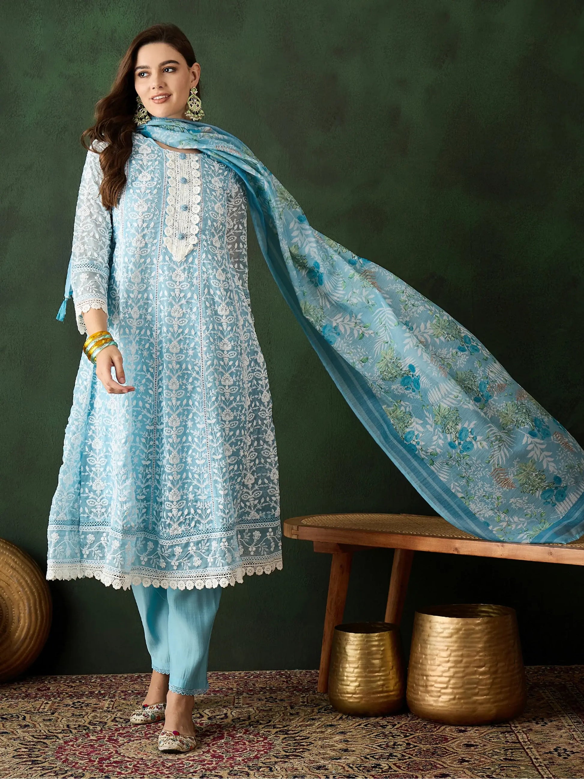 Captivating Sky Blue Embroidered Organza Pant Suit With Dupatta - Zeel Clothing