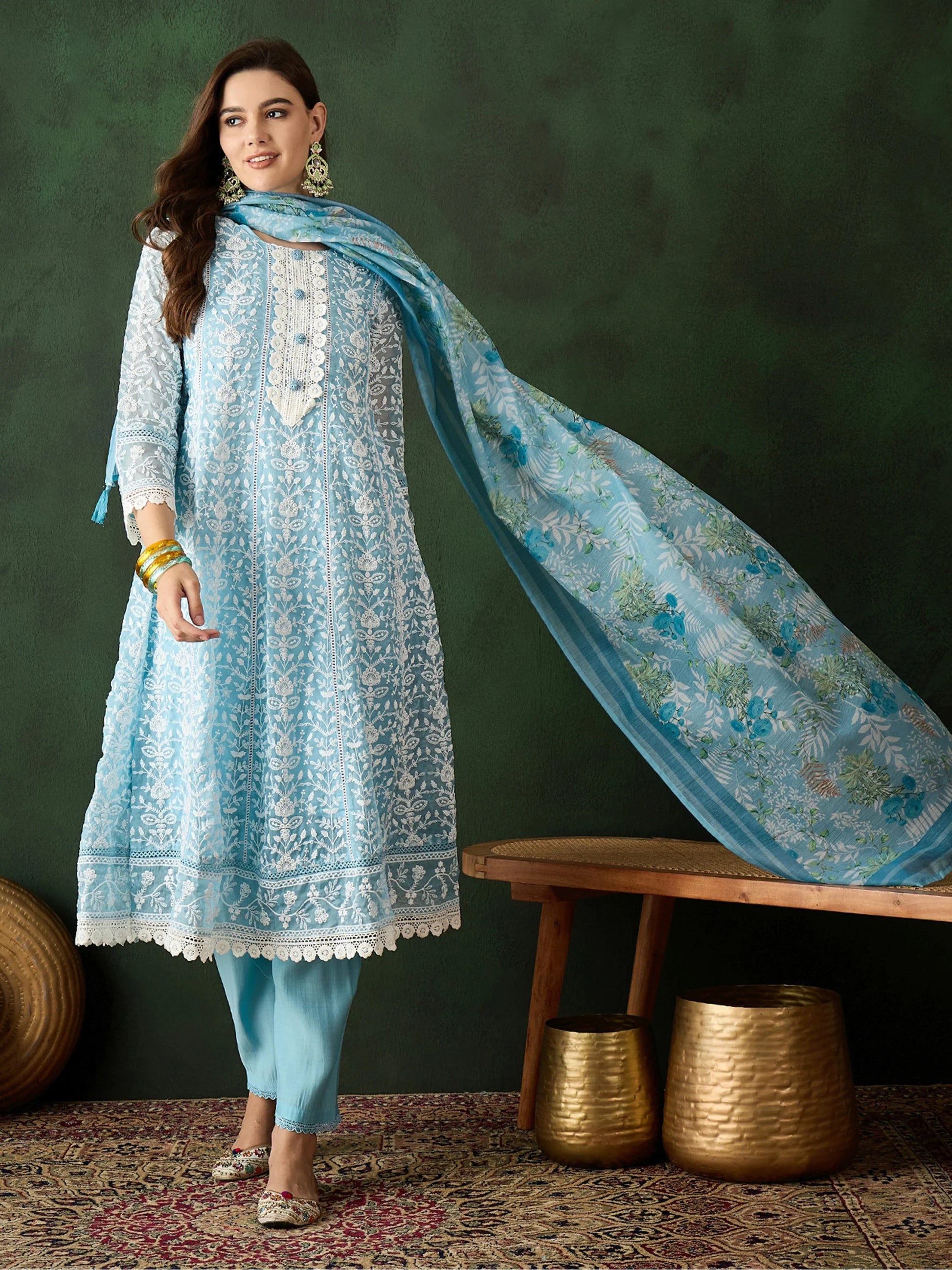 Captivating Sky Blue Embroidered Organza Pant Suit With Dupatta - Zeel Clothing