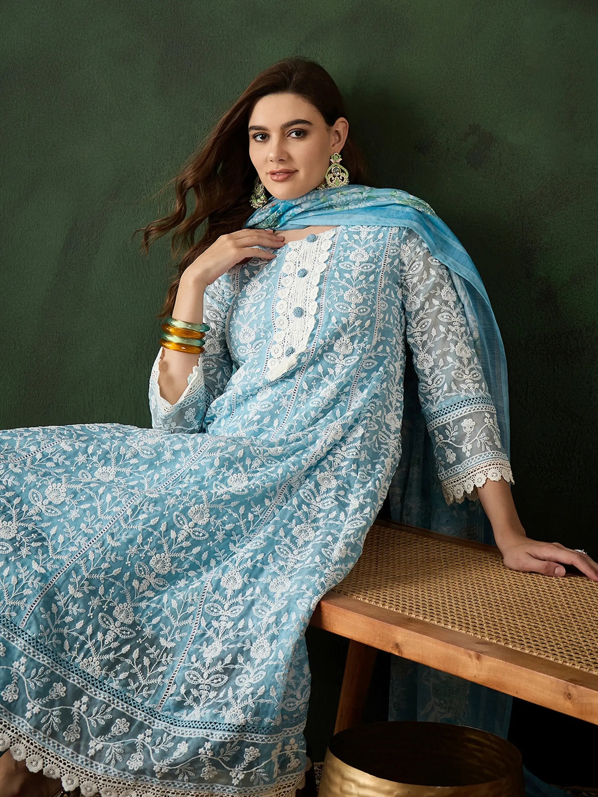 Captivating Sky Blue Embroidered Organza Pant Suit With Dupatta - Zeel Clothing