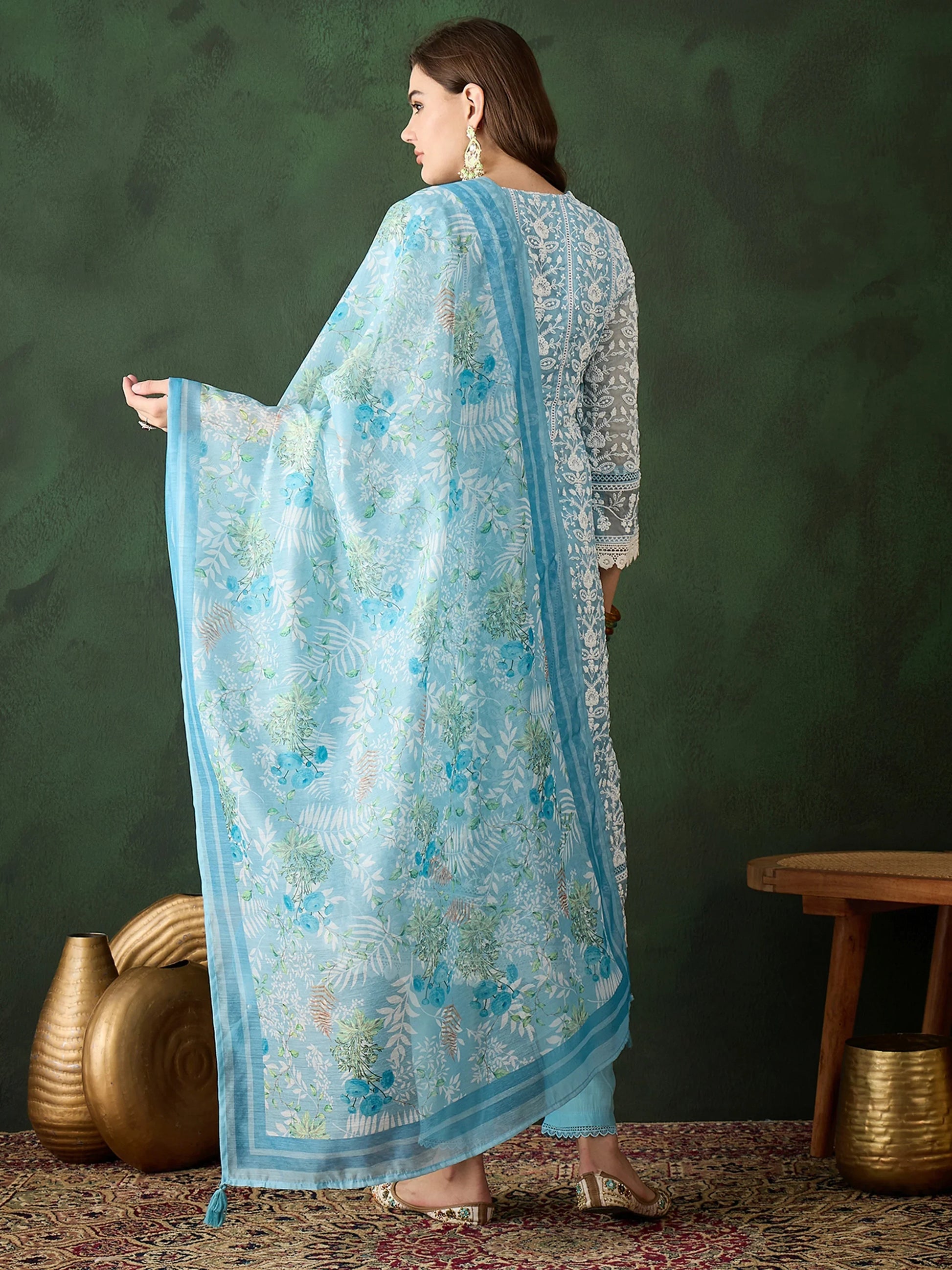 Captivating Sky Blue Embroidered Organza Pant Suit With Dupatta - Zeel Clothing