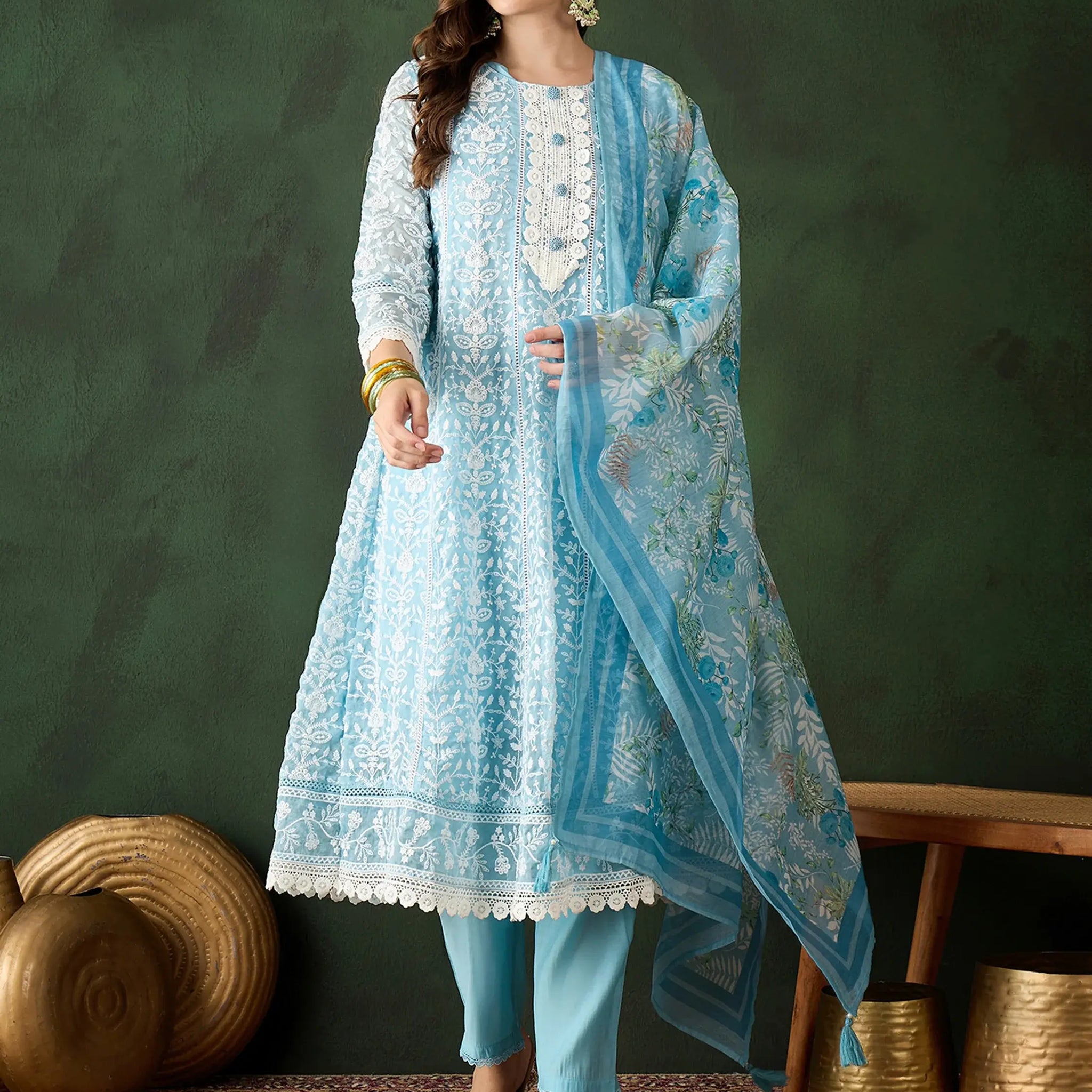 Captivating Sky Blue Embroidered Organza Pant Suit With Dupatta - Zeel Clothing