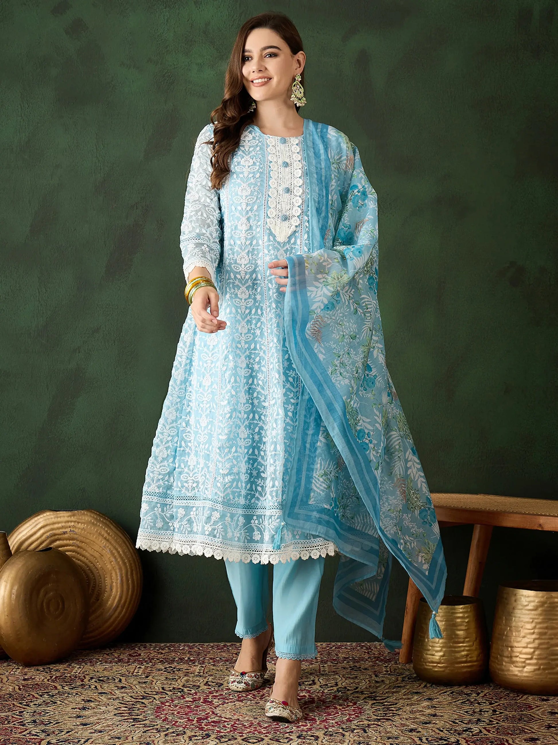 Captivating Sky Blue Embroidered Organza Pant Suit With Dupatta - Zeel Clothing