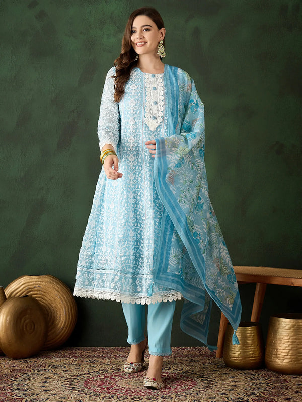 Captivating Sky Blue Embroidered Organza Pant Suit With Dupatta - Zeel Clothing