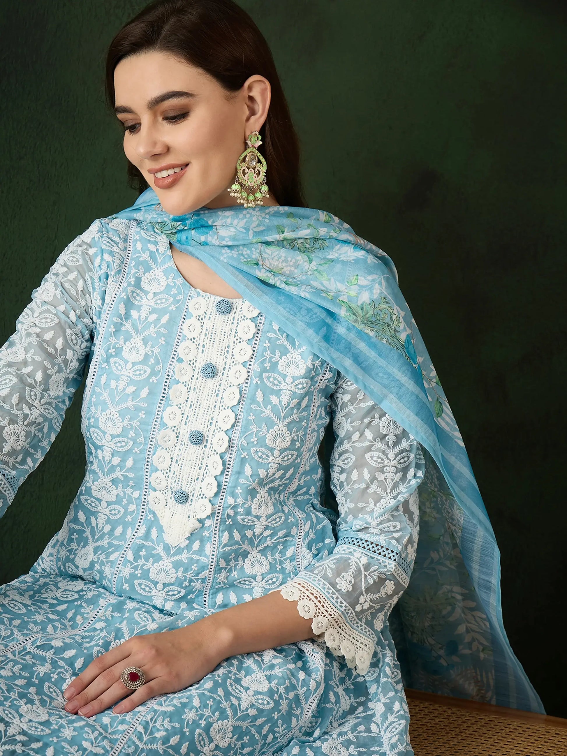 Captivating Sky Blue Embroidered Organza Pant Suit With Dupatta - Zeel Clothing