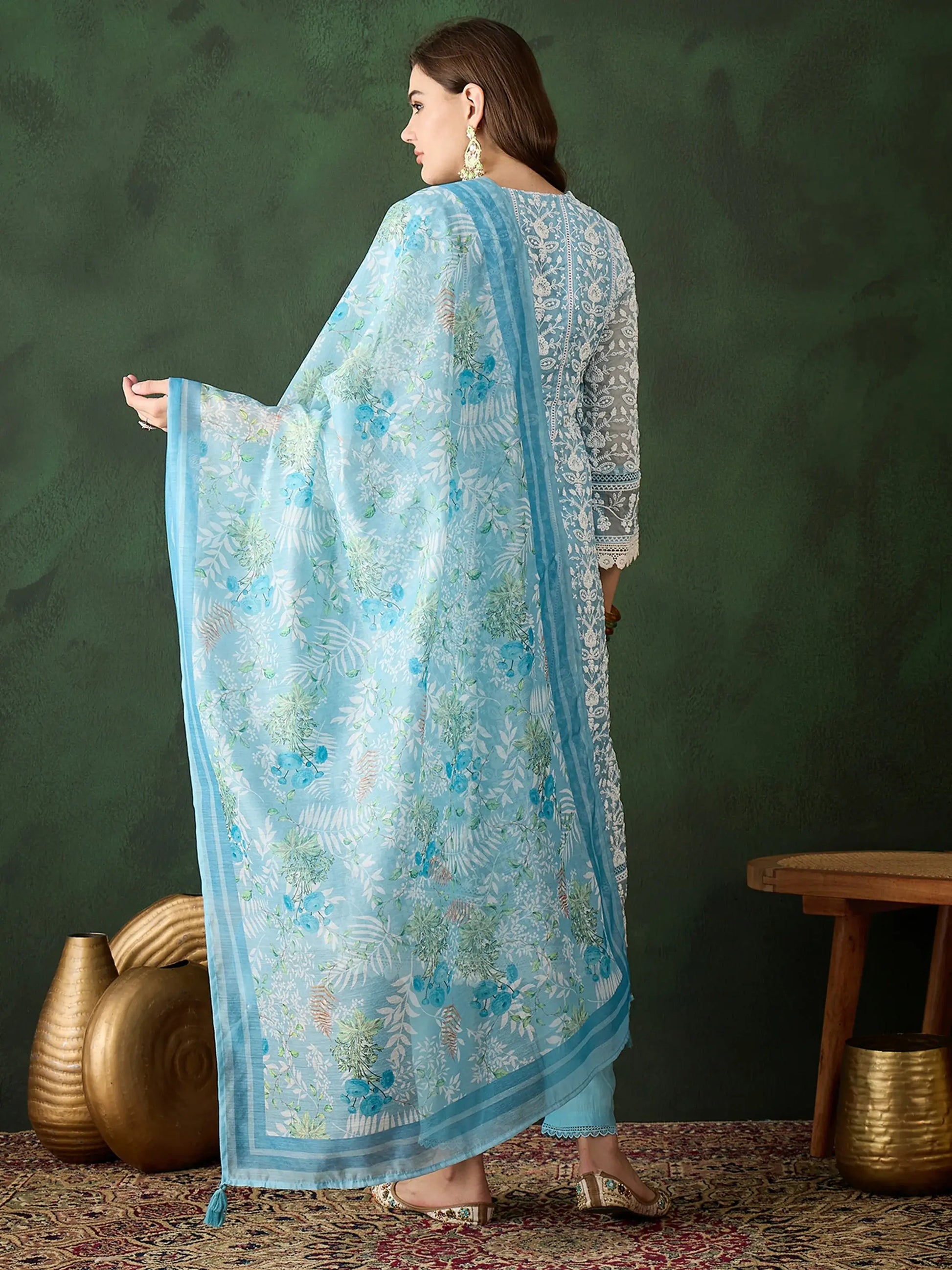 Captivating Sky Blue Embroidered Organza Pant Suit With Dupatta - Zeel Clothing