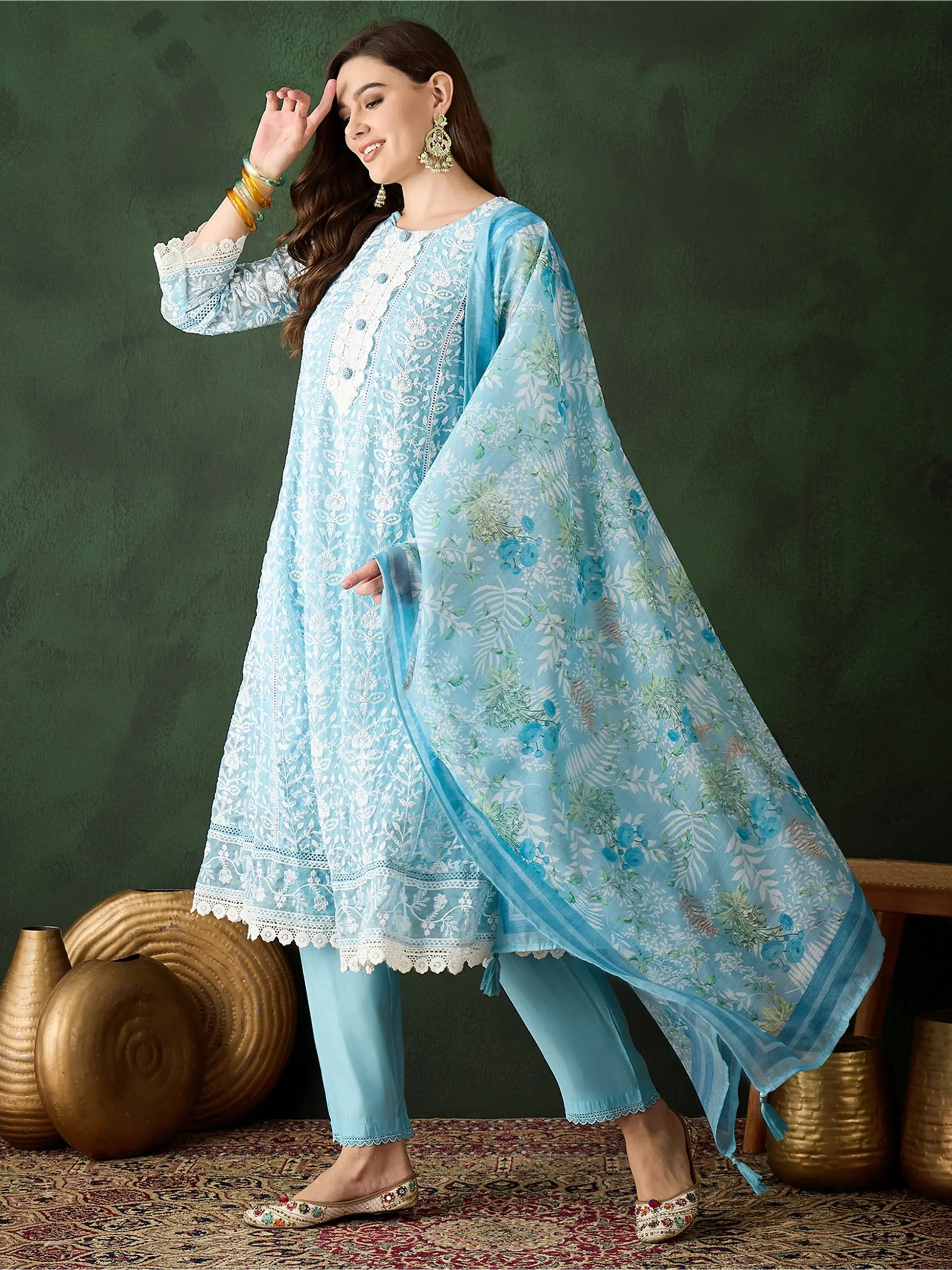 Captivating Sky Blue Embroidered Organza Pant Suit With Dupatta - Zeel Clothing