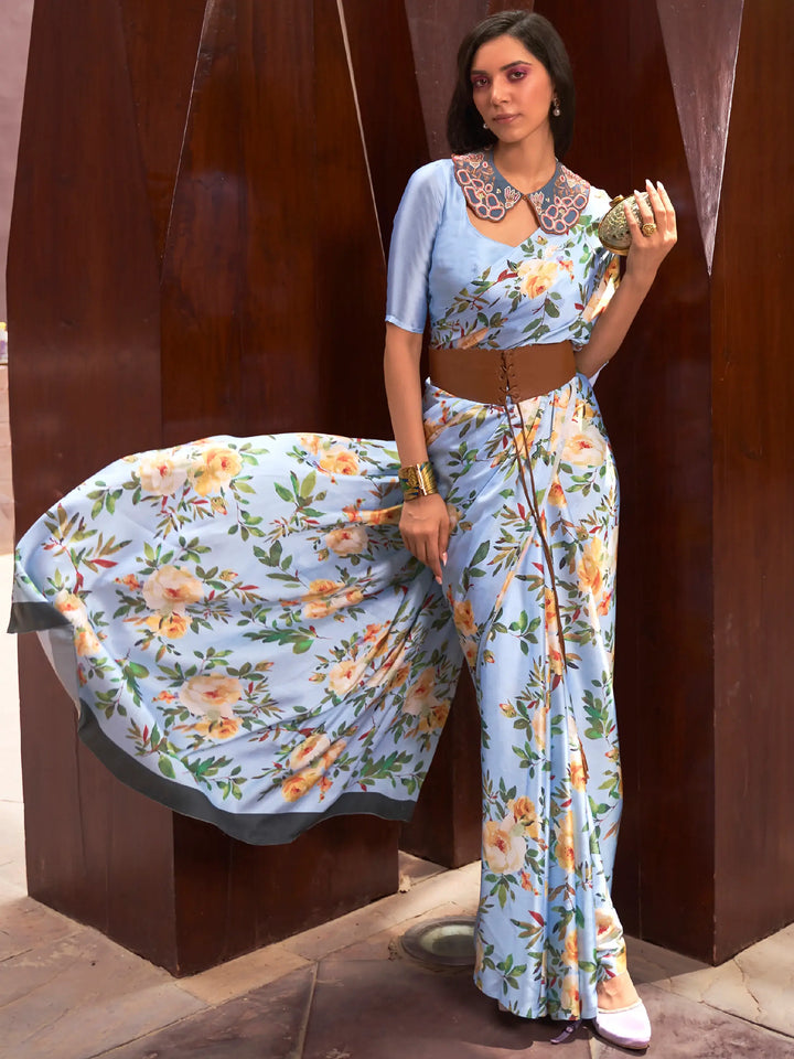 Captivating Sky-Blue Floral Printed Satin Function Wear Saree With Blouse - Zeel Clothing