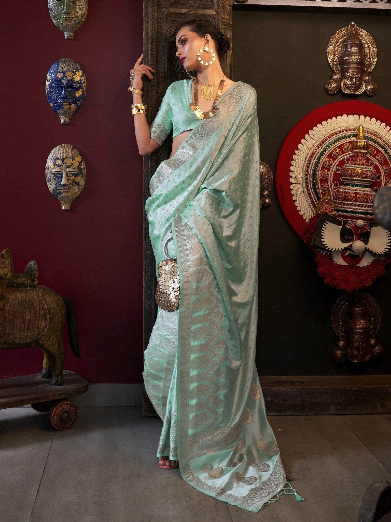 Captivating Sky-Blue Handloom Weaving Satin Saree With Blouse - Zeel Clothing