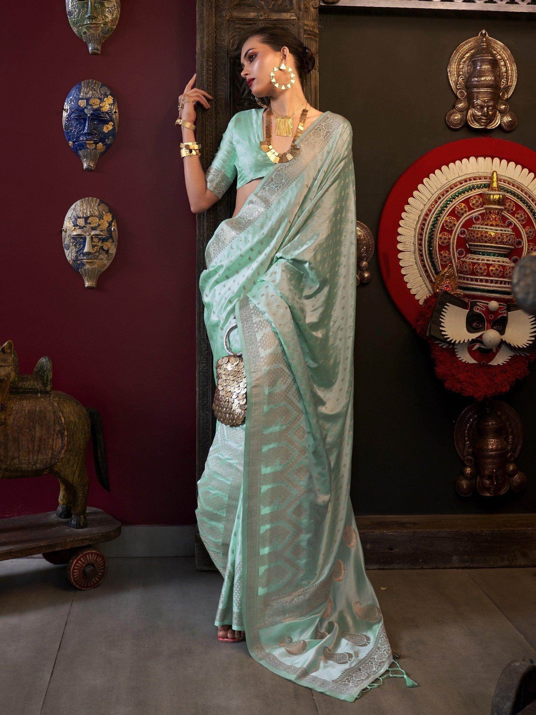 Captivating Sky-Blue Handloom Weaving Satin Saree With Blouse - Zeel Clothing