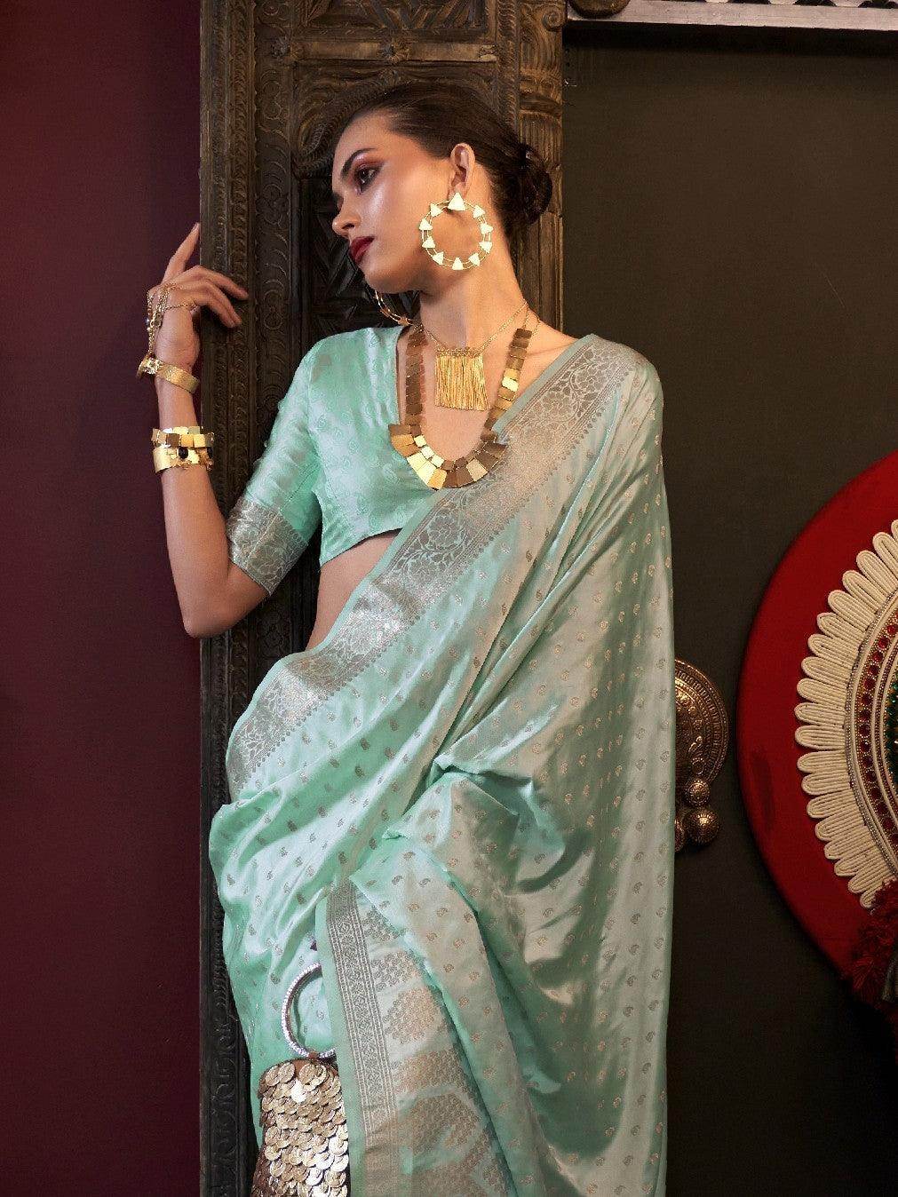 Captivating Sky-Blue Handloom Weaving Satin Saree With Blouse - Zeel Clothing