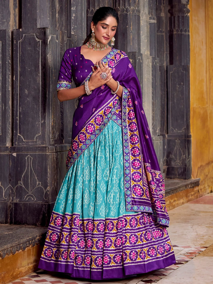 Captivating Sky Blue Ikkat Print Tussar Silk Traditional Half Saree Lehenga - Zeel Clothing