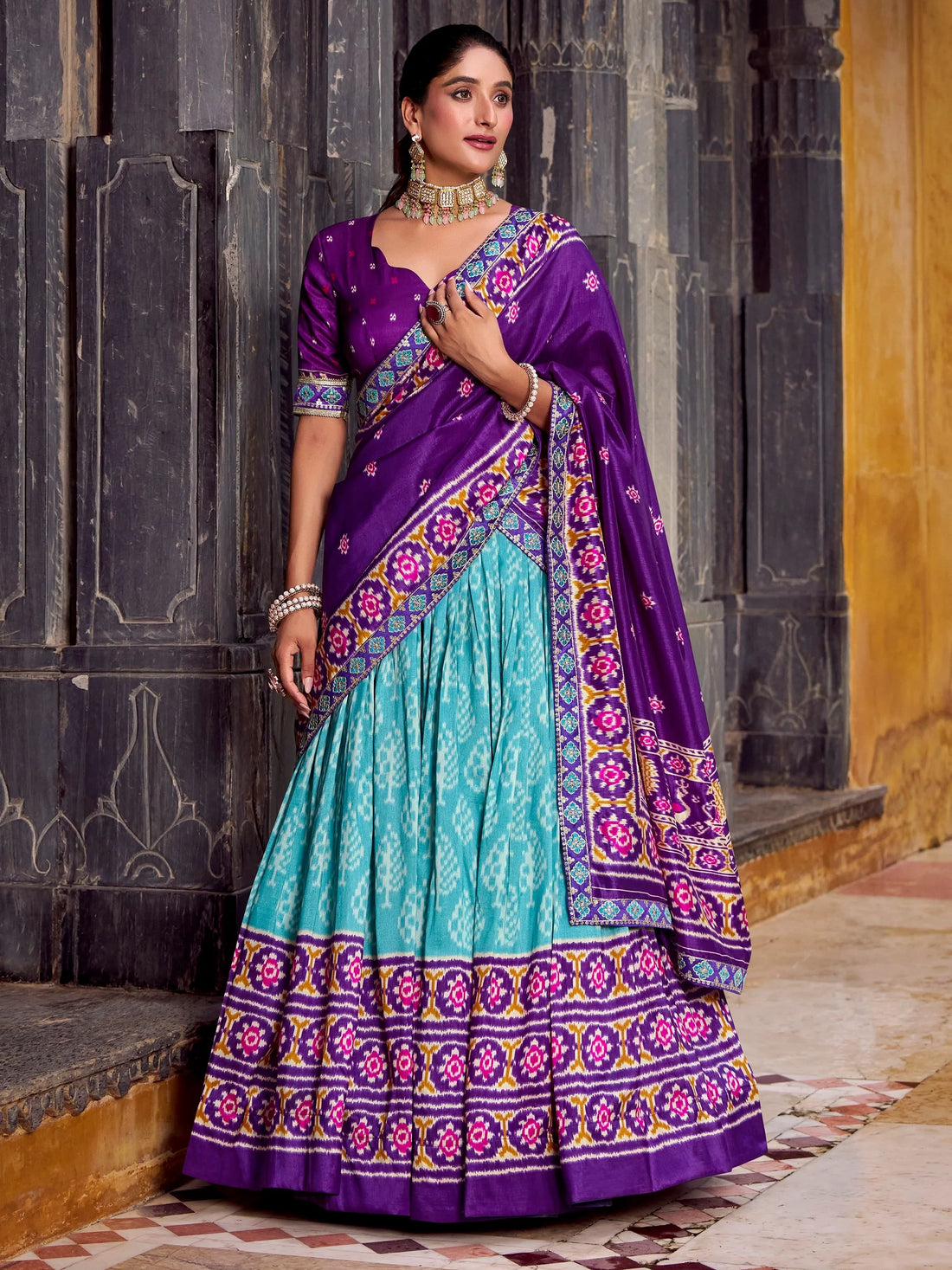 Captivating Sky Blue Ikkat Print Tussar Silk Traditional Half Saree Lehenga - Zeel Clothing