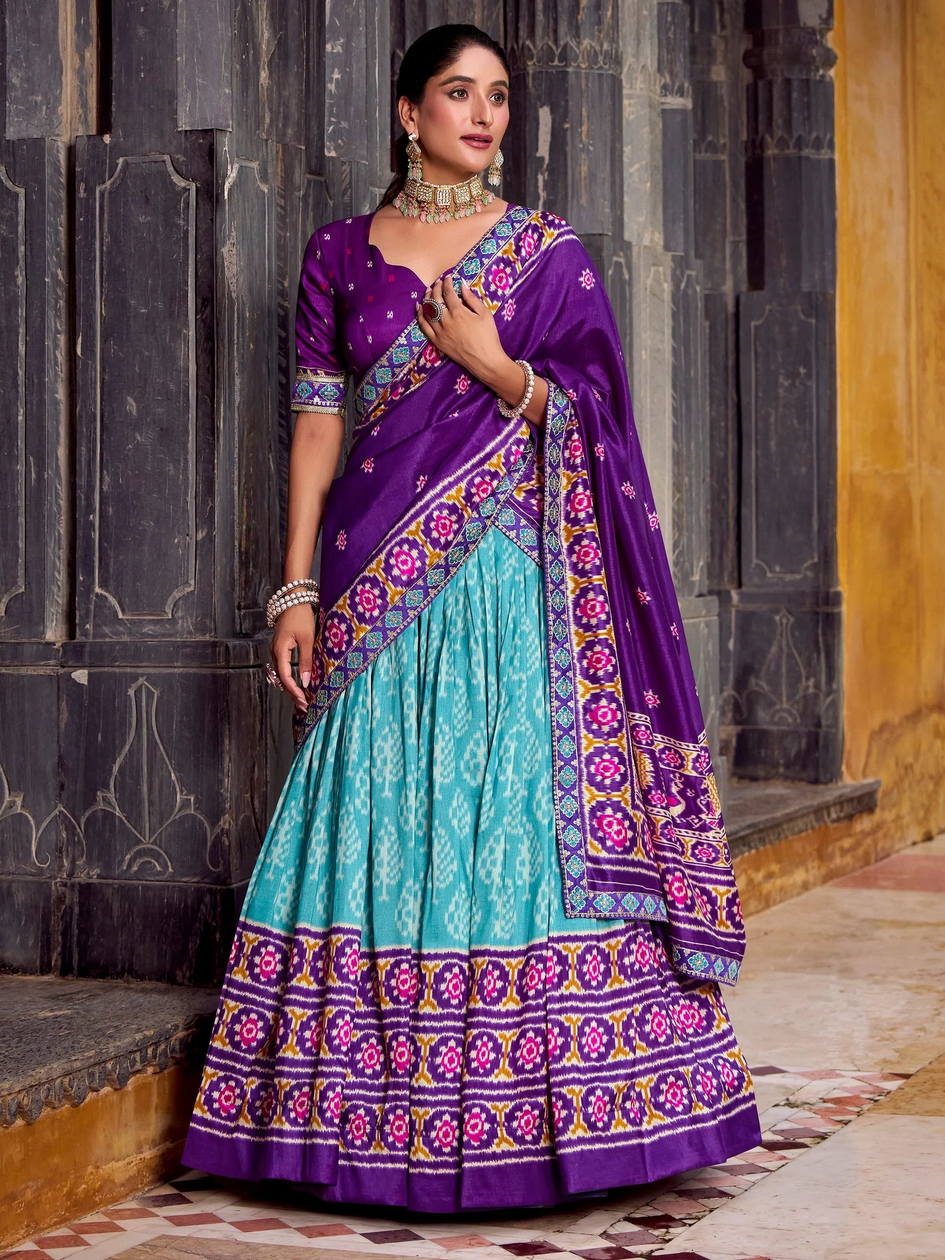 Captivating Sky Blue Ikkat Print Tussar Silk Traditional Half Saree Lehenga - Zeel Clothing