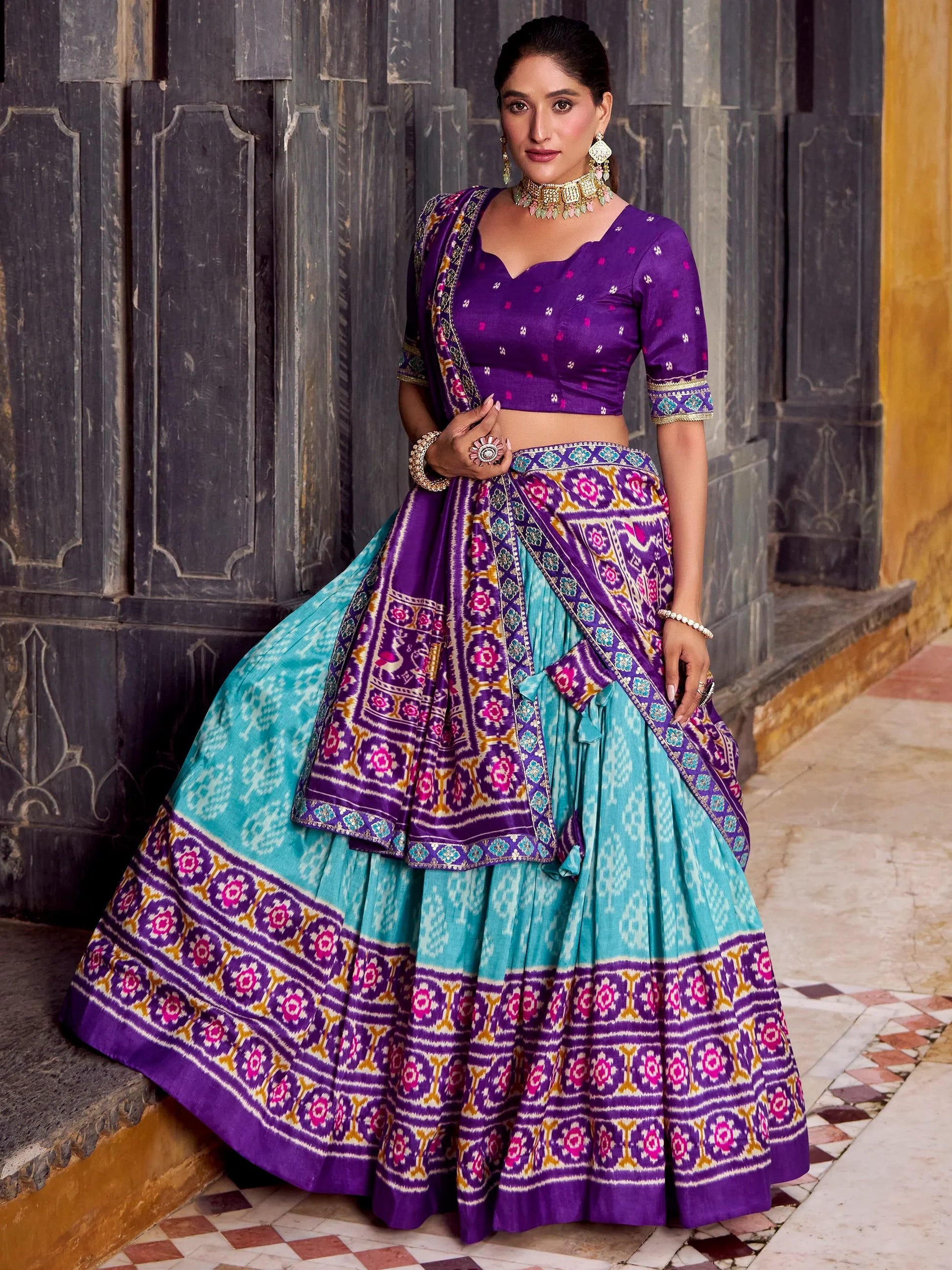 Captivating Sky Blue Ikkat Print Tussar Silk Traditional Half Saree Lehenga - Zeel Clothing
