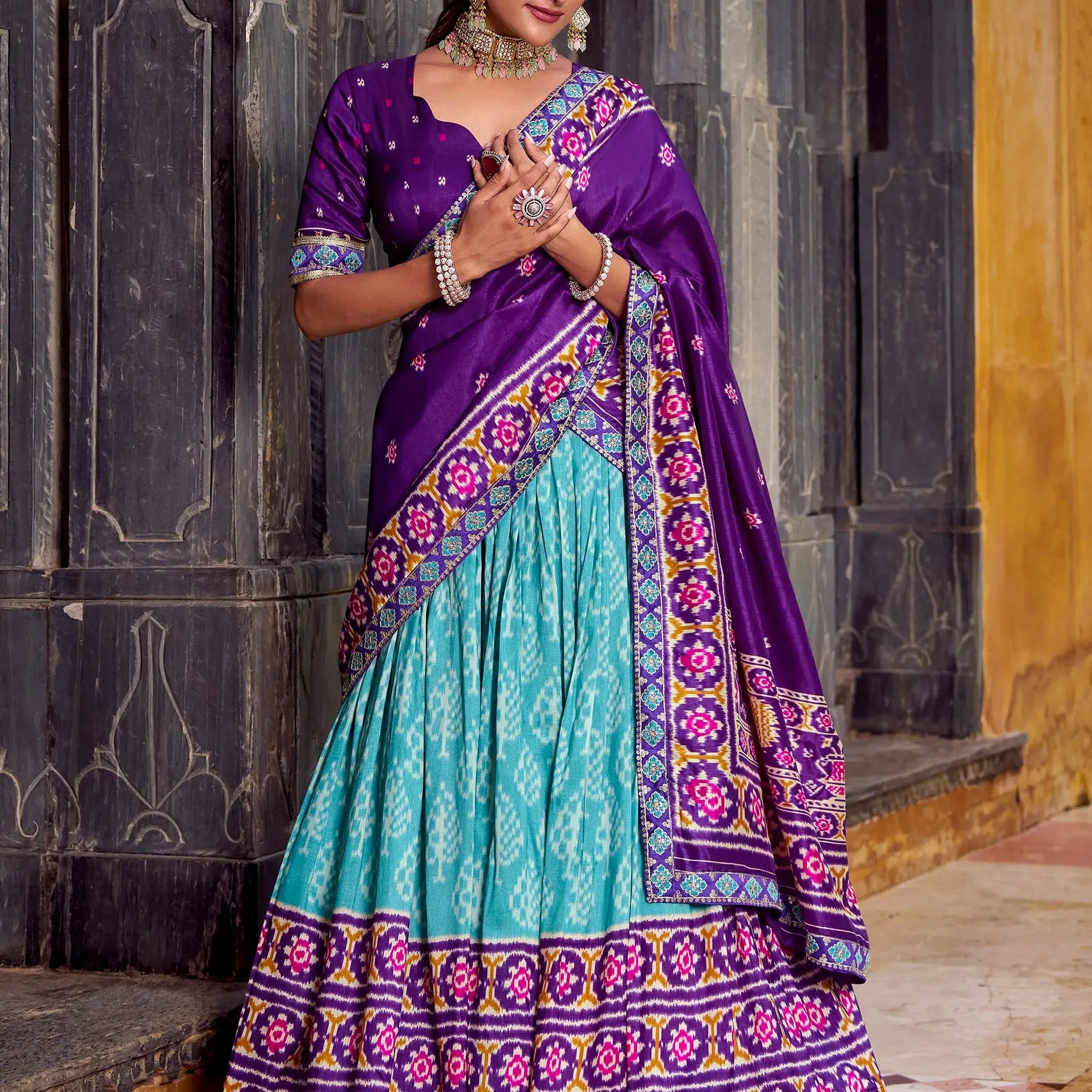 Captivating Sky Blue Ikkat Print Tussar Silk Traditional Half Saree Lehenga - Zeel Clothing