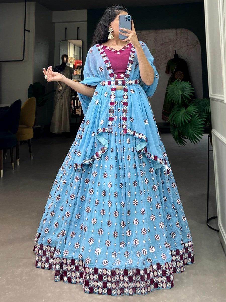 Captivating Sky-Blue Mirror Work Lehenga Choli With Dupatta - Zeel Clothing