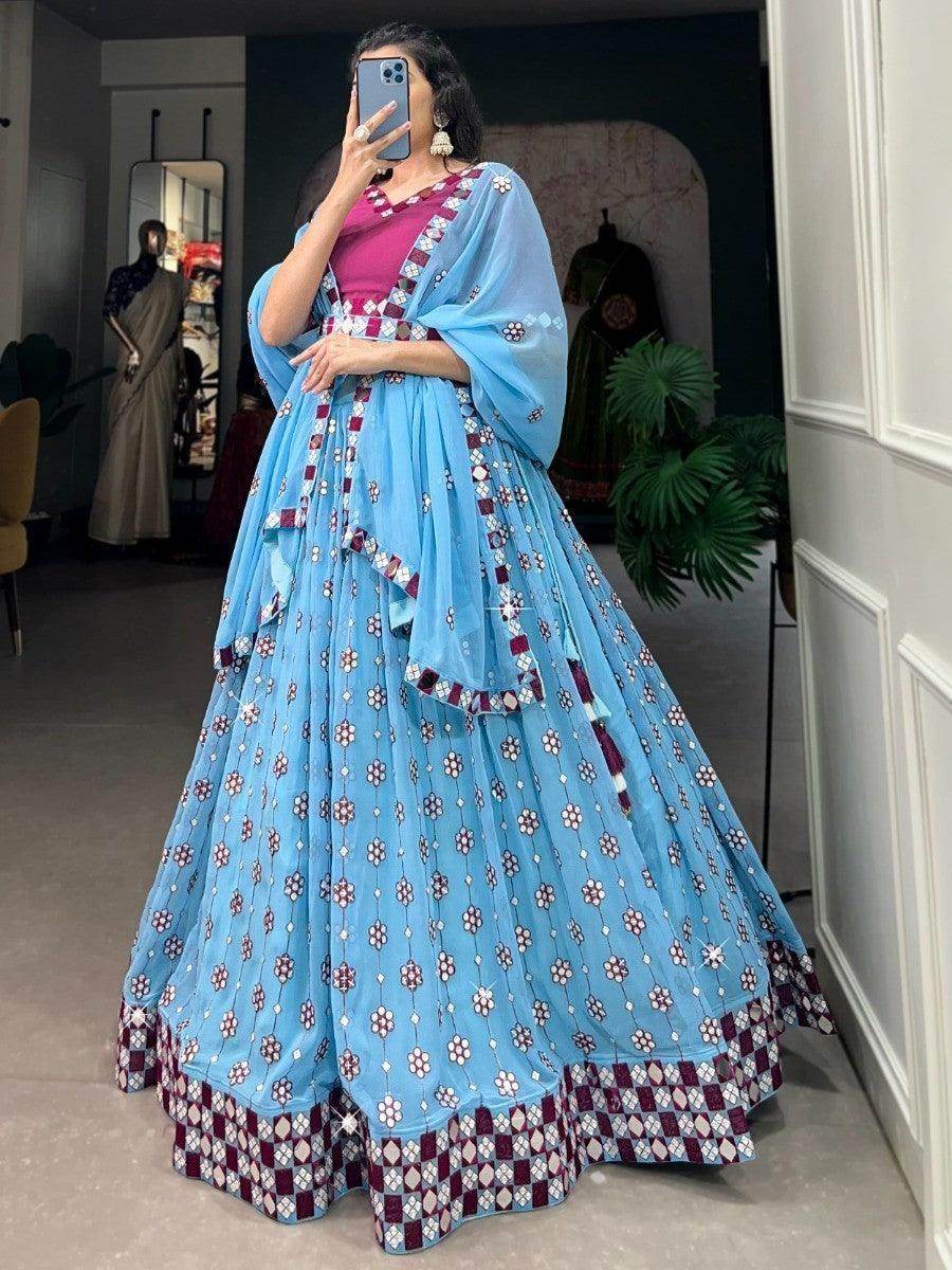 Captivating Sky-Blue Mirror Work Lehenga Choli With Dupatta - Zeel Clothing