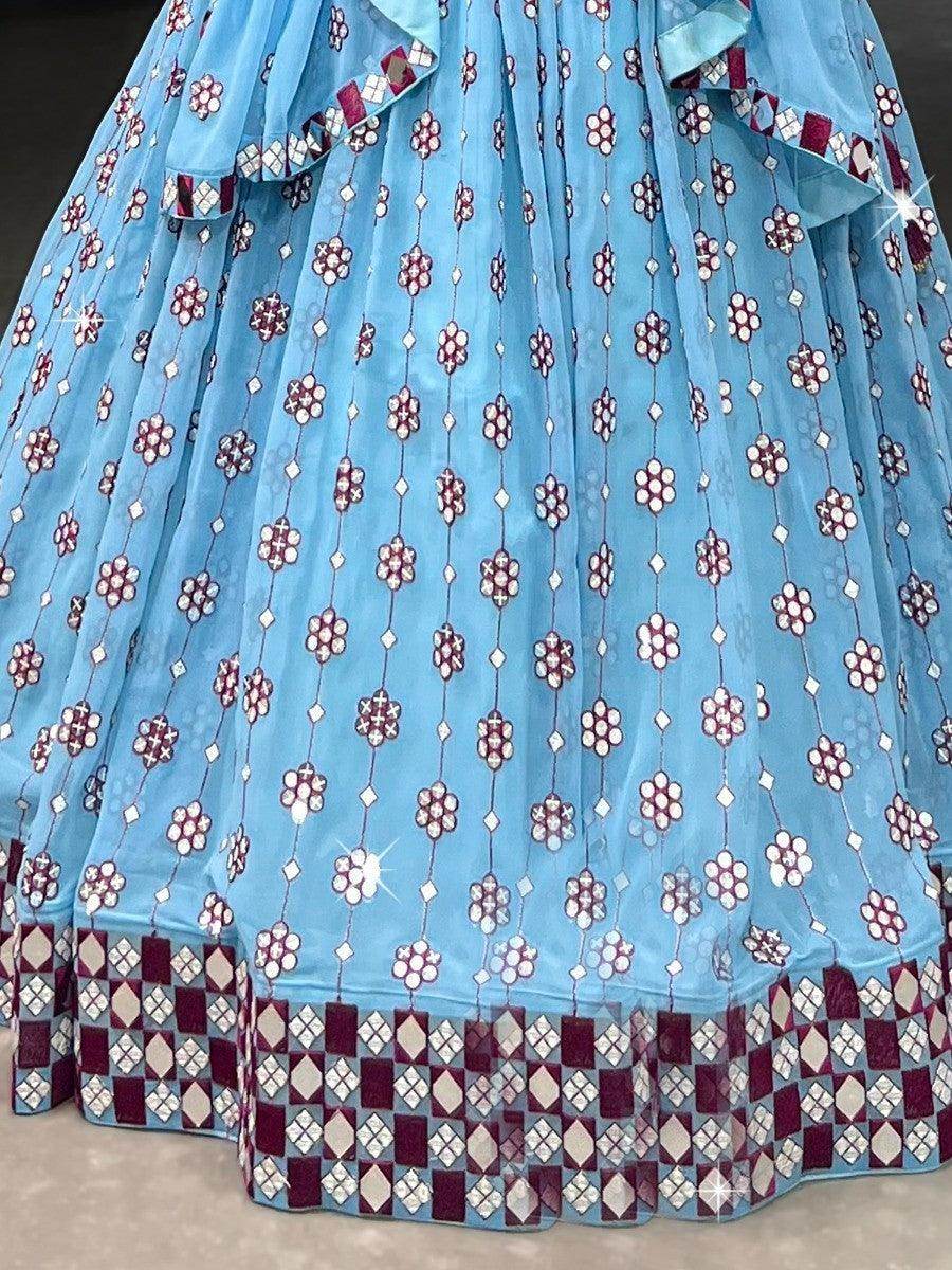Captivating Sky-Blue Mirror Work Lehenga Choli With Dupatta - Zeel Clothing
