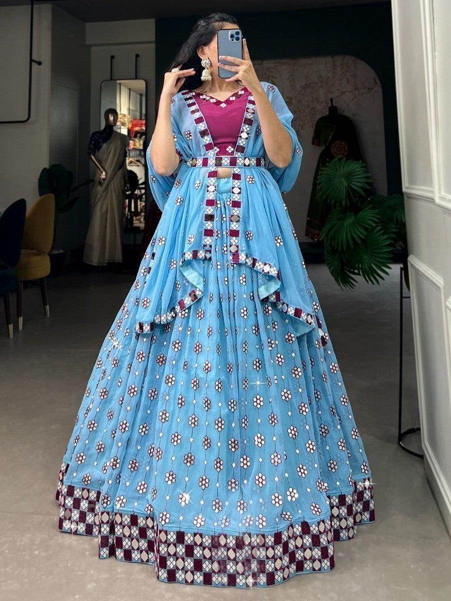Captivating Sky-Blue Mirror Work Lehenga Choli With Dupatta - Zeel Clothing