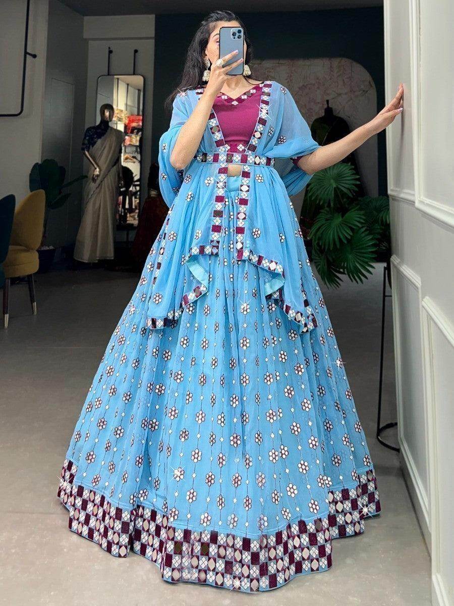 Captivating Sky-Blue Mirror Work Lehenga Choli With Dupatta - Zeel Clothing