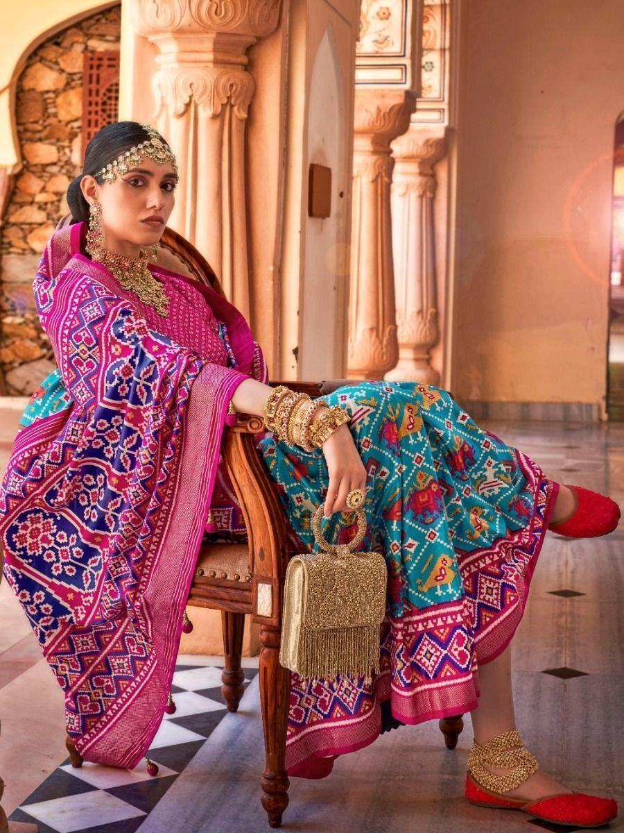 Captivating Sky-Blue Patola Printed Silk Traditional Saree With Blouse - Zeel Clothing